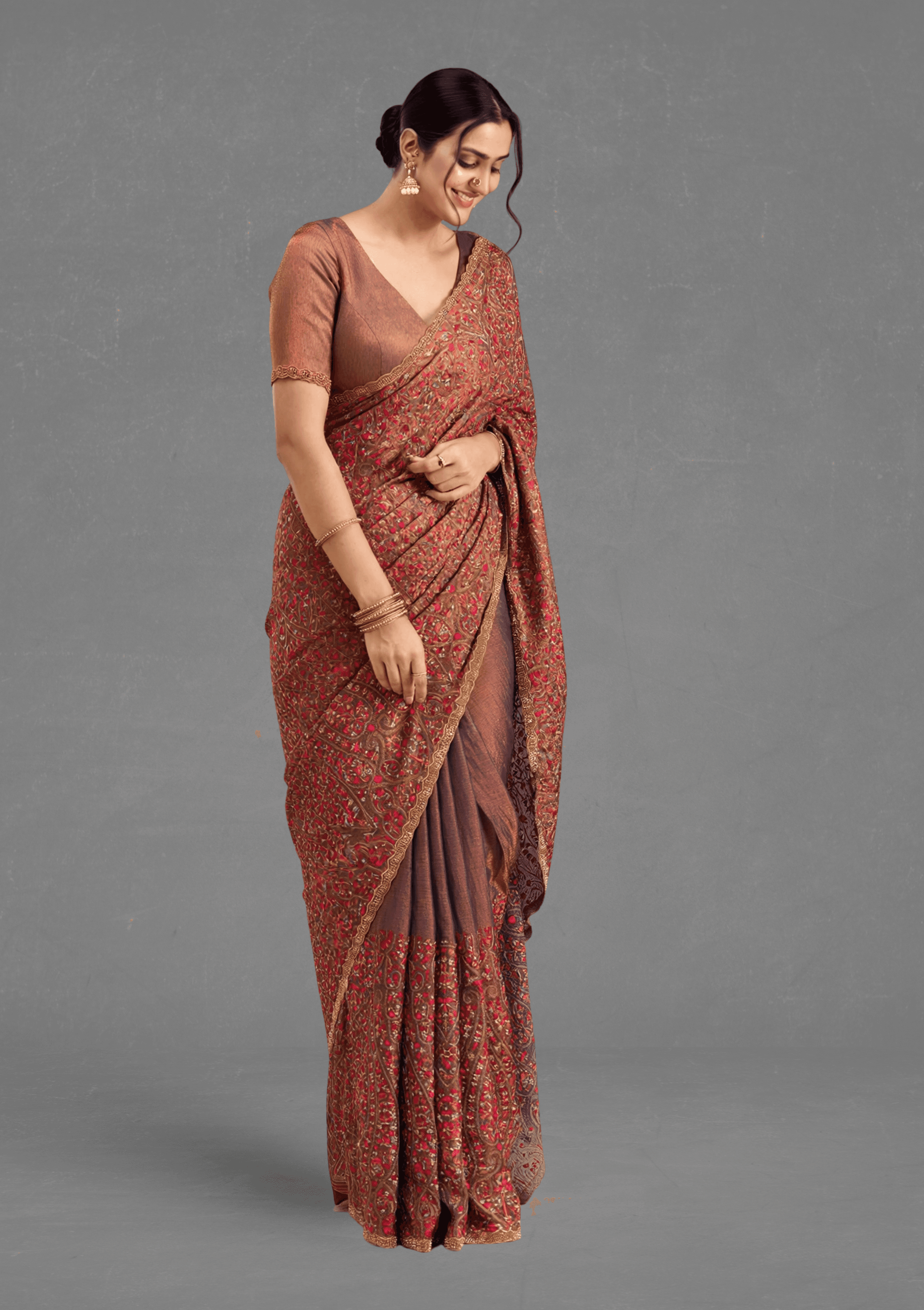 Ritual Styles Copper Designer Saree with Intricate Multicolour Paisley & Floral Embroidery image 3