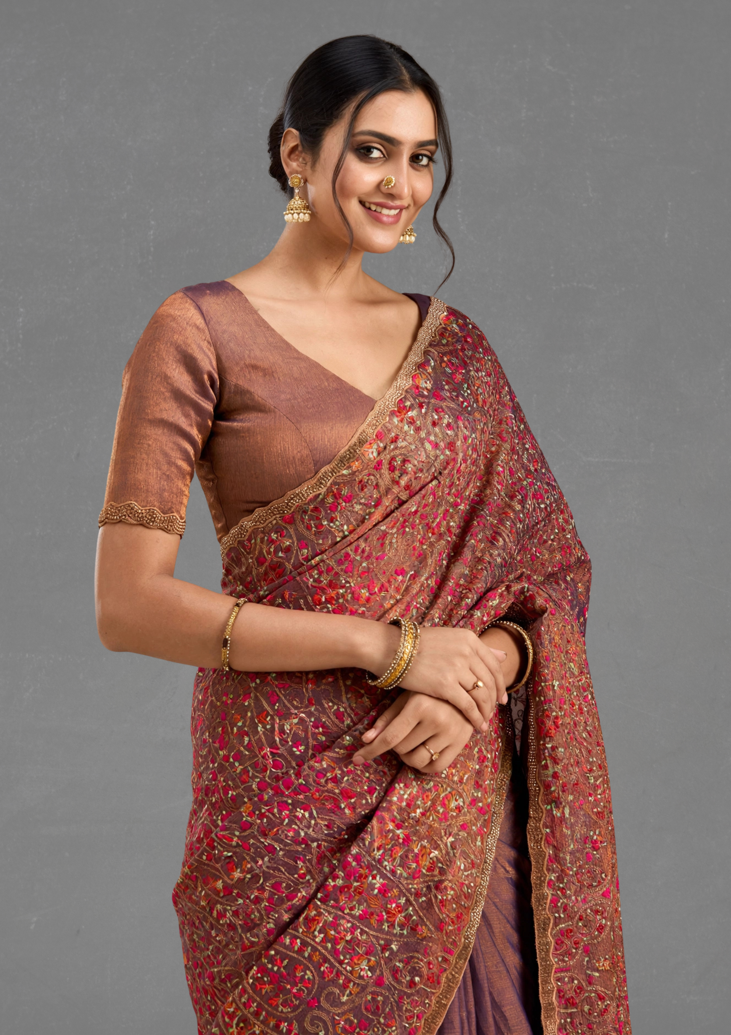 Ritual Styles Copper Designer Saree with Intricate Multicolour Paisley & Floral Embroidery image 5