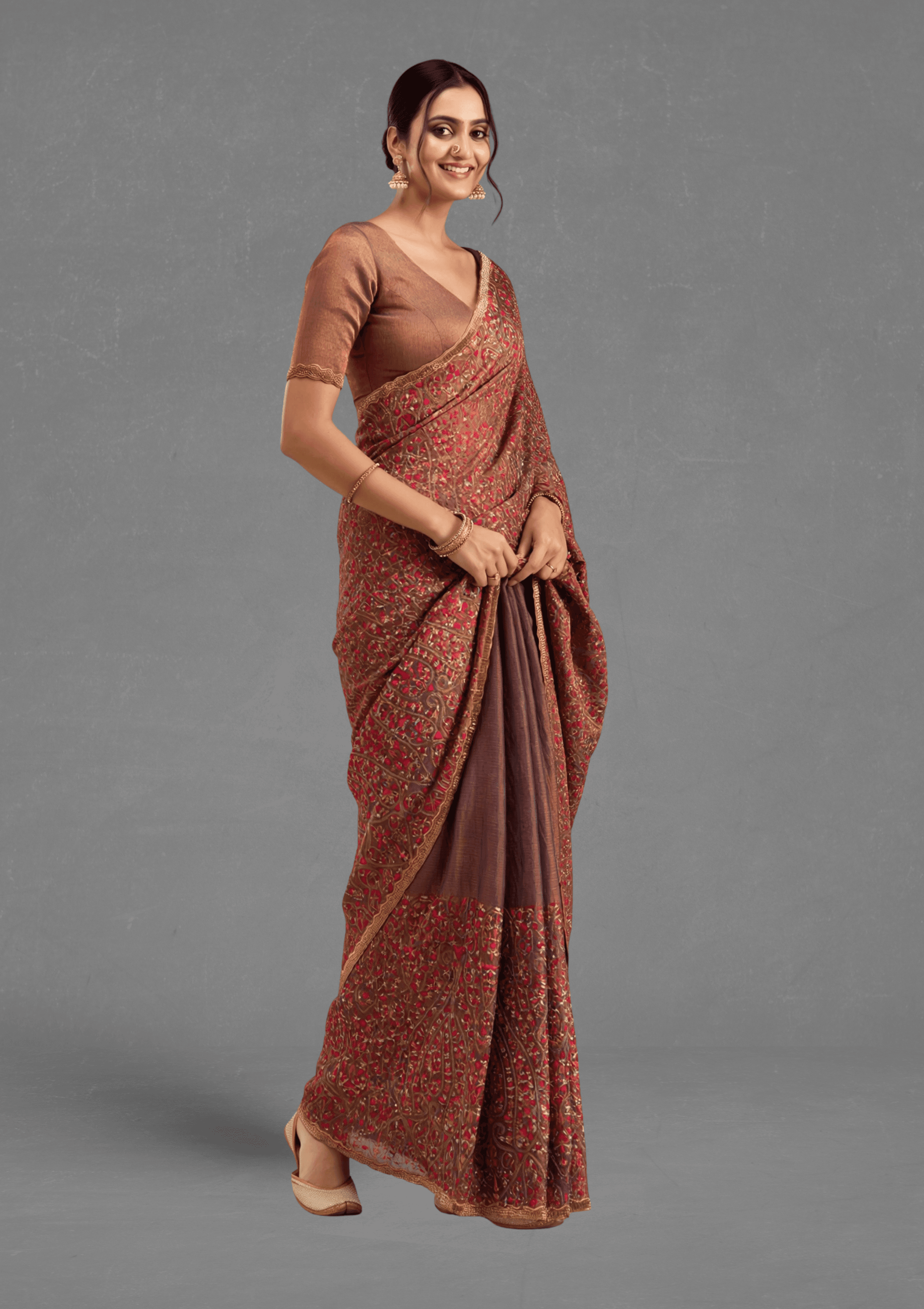 Ritual Styles Copper Designer Saree with Intricate Multicolour Paisley & Floral Embroidery image 6