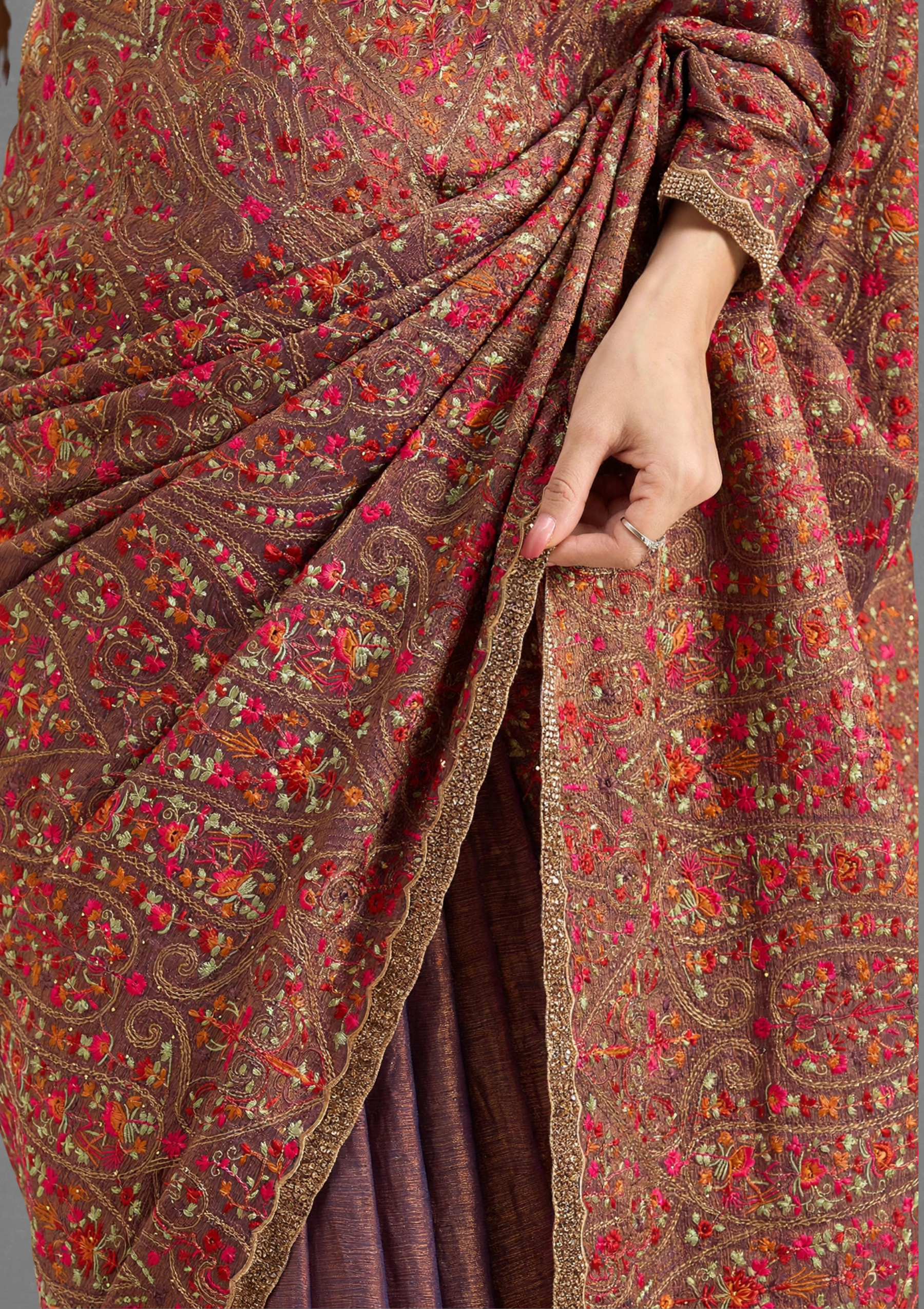 Ritual Styles Copper Designer Saree with Intricate Multicolour Paisley & Floral Embroidery image 7