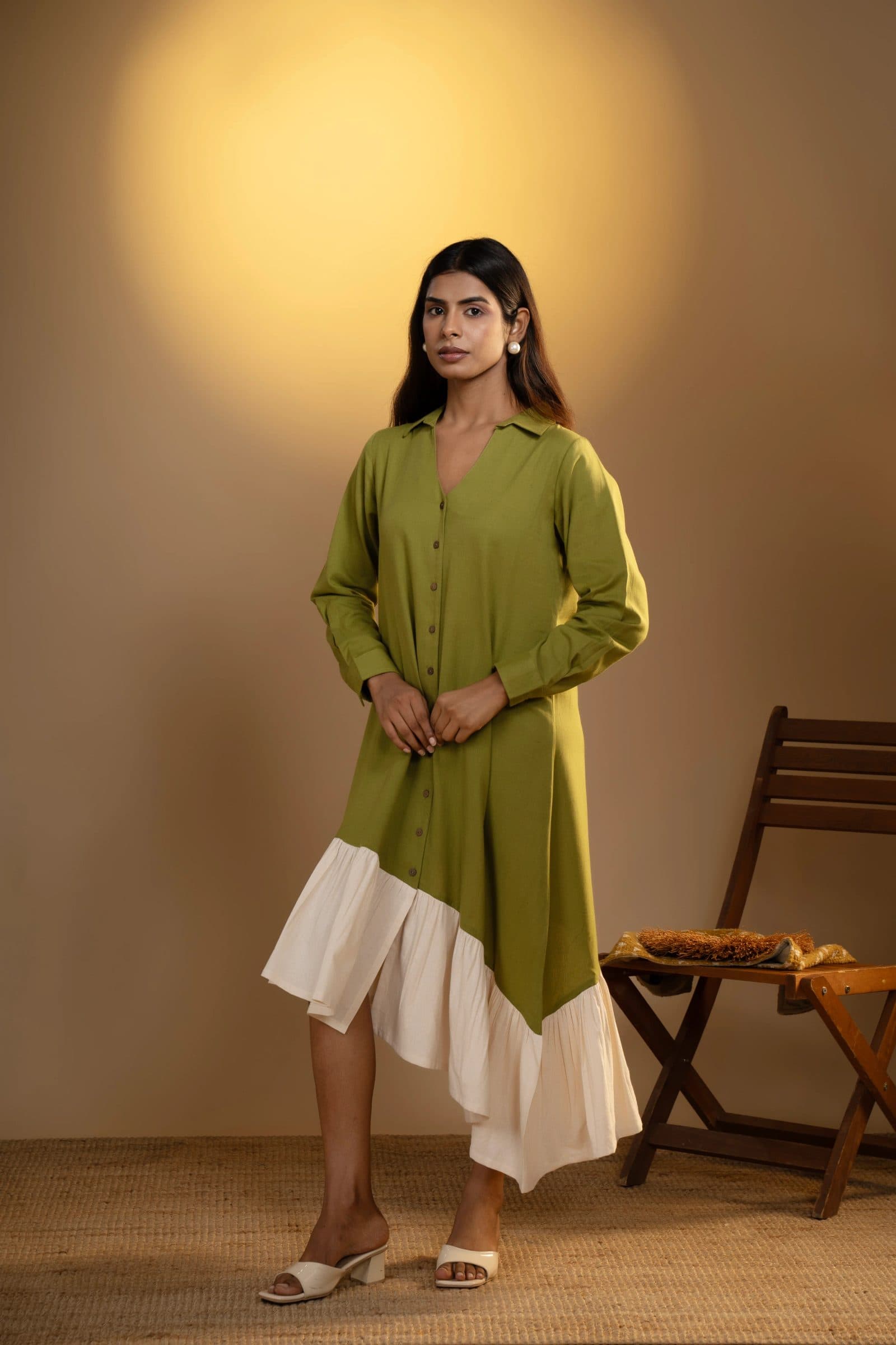 Olive Green Asymmetrical Flared Dress with Back Motif image 3