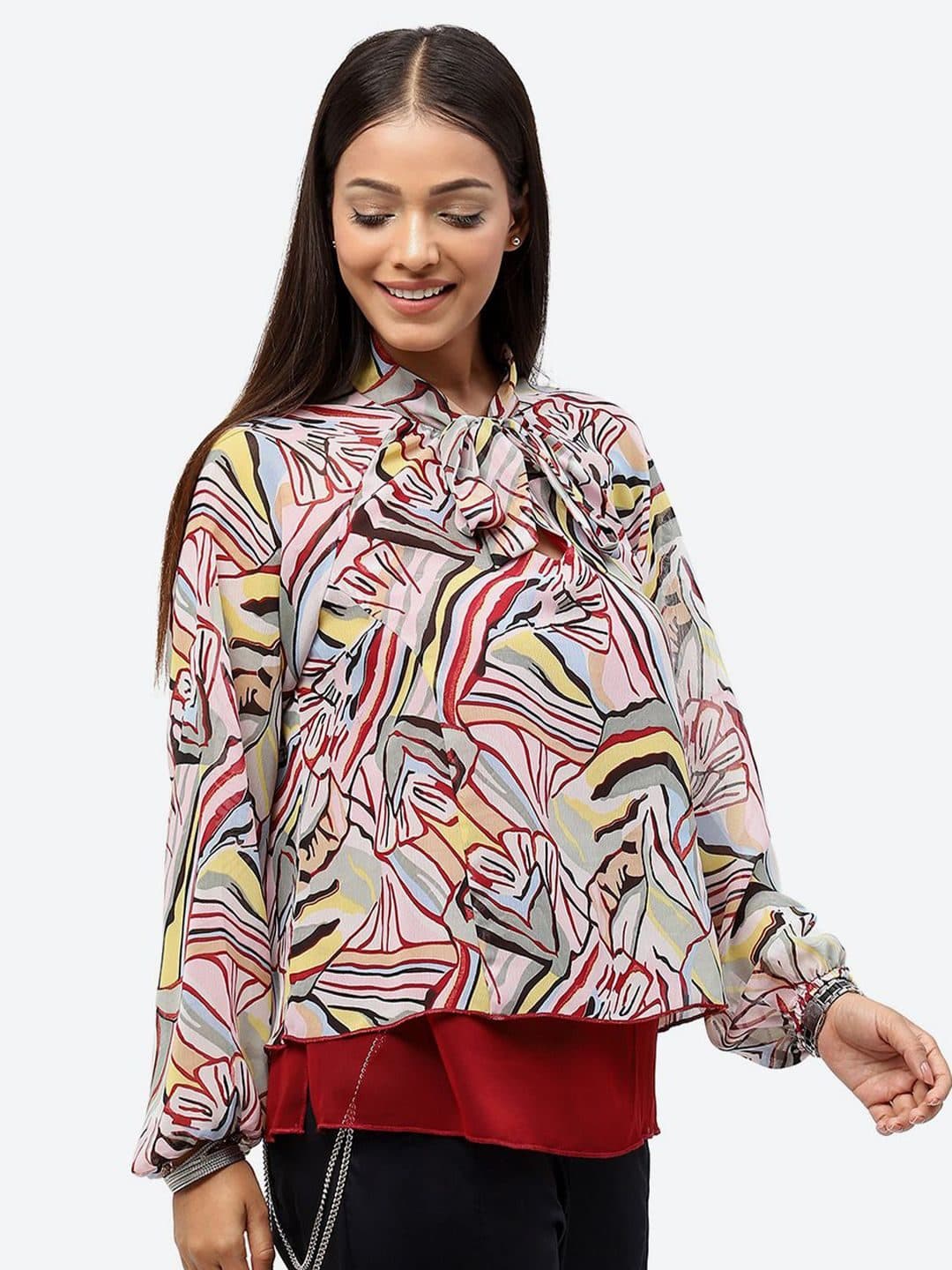 Baawri Abstract Printed Tie-Up Neck Top image 3