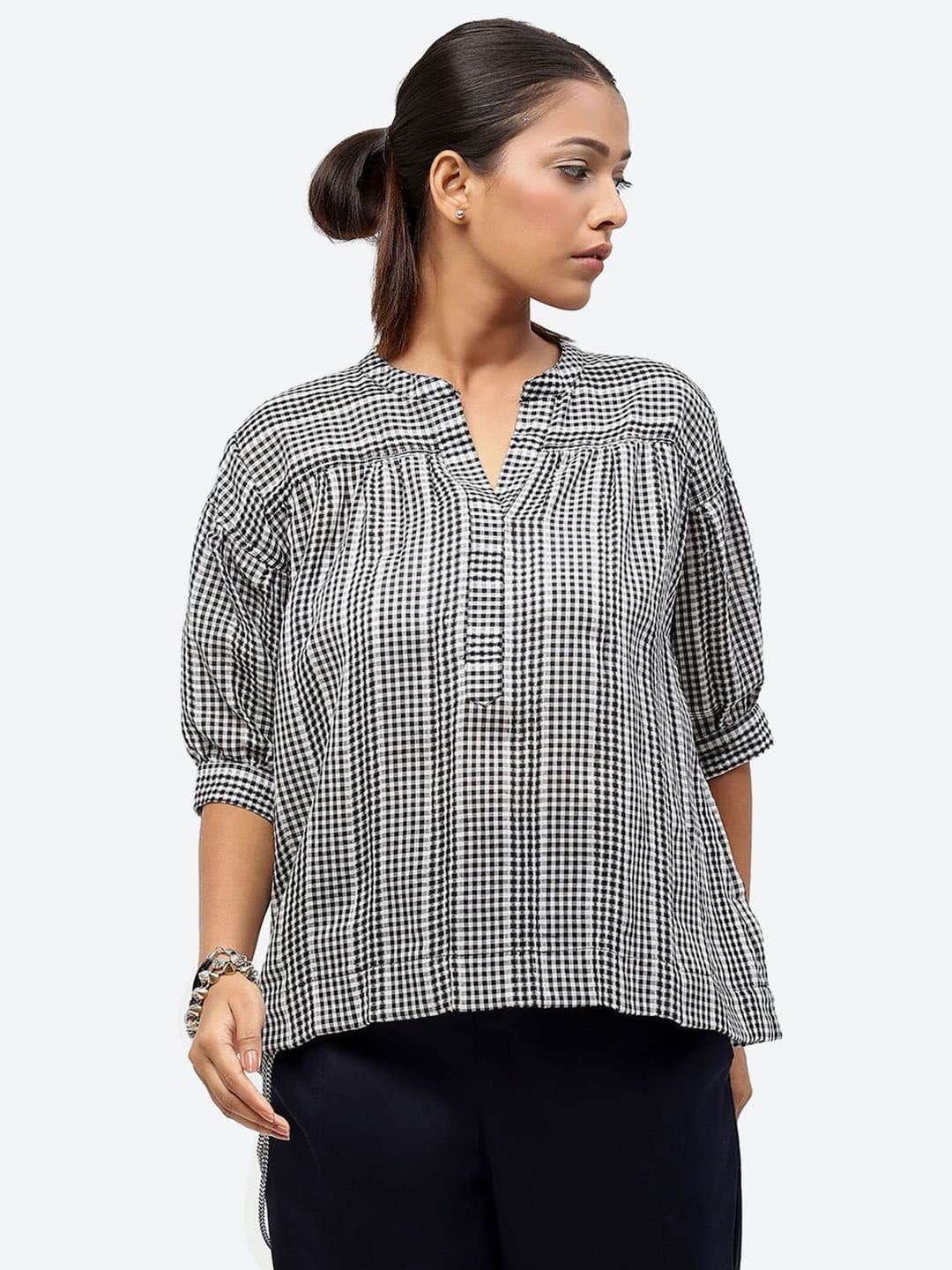 Baawri Checked Mandarin Collar Cuffed Sleeves Pure Cotton Regular Top image 1