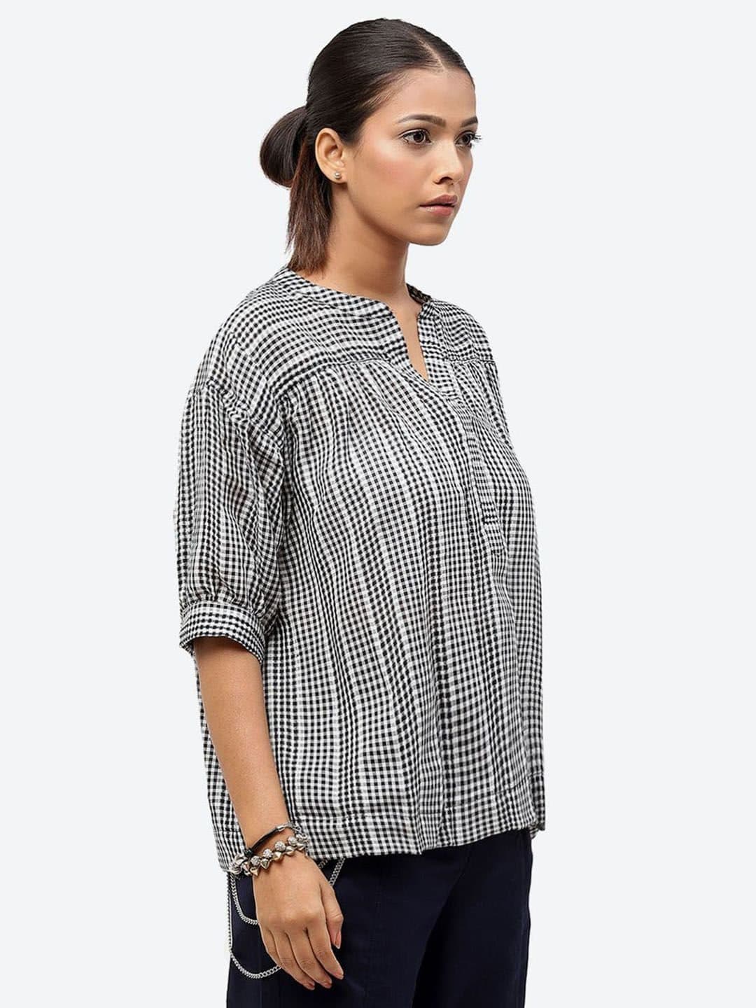 Baawri Checked Mandarin Collar Cuffed Sleeves Pure Cotton Regular Top image 3