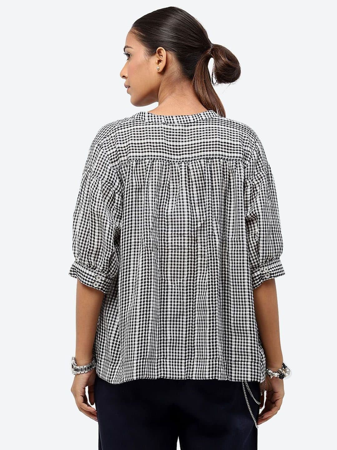 Baawri Checked Mandarin Collar Cuffed Sleeves Pure Cotton Regular Top image 4
