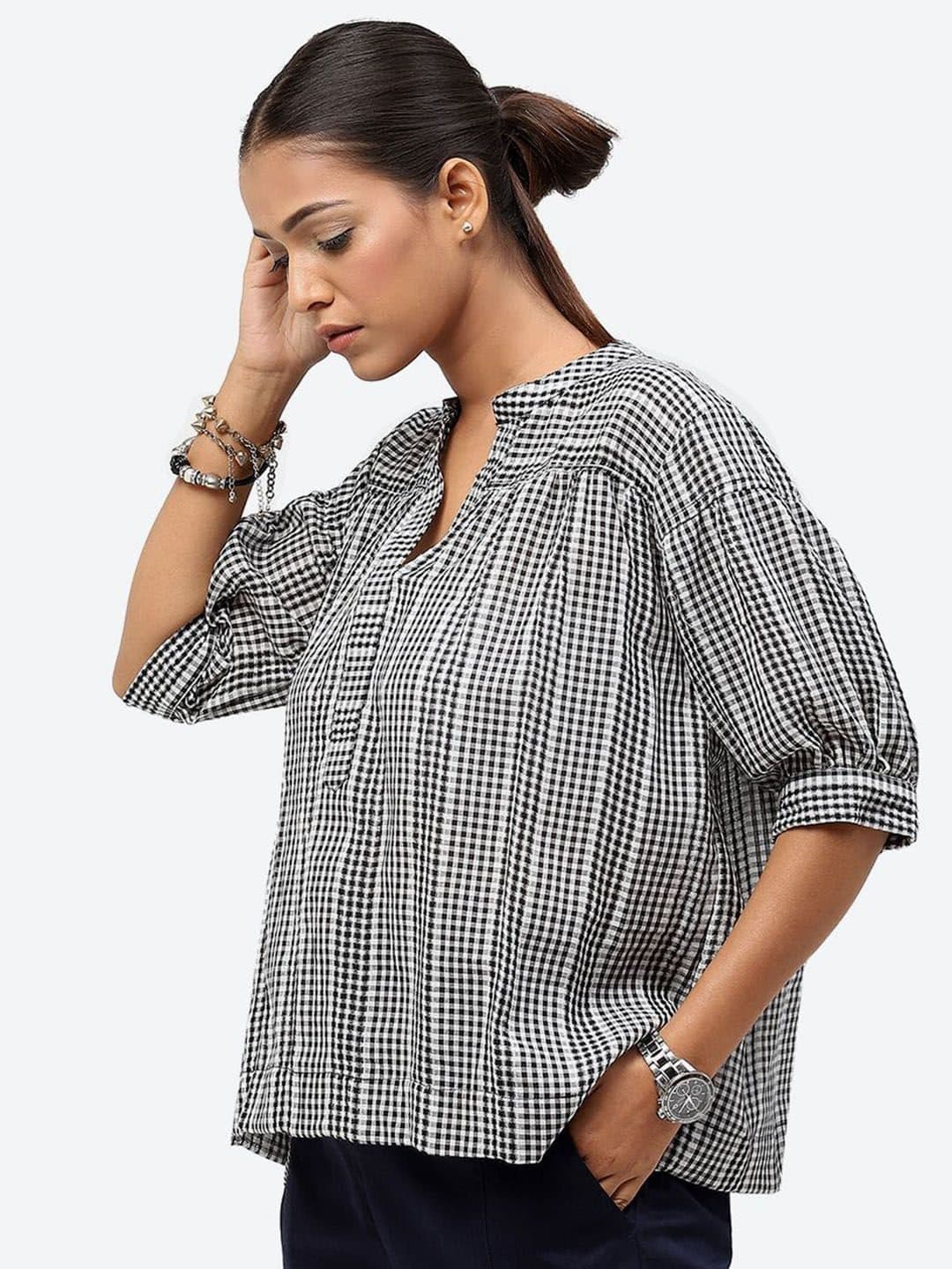 Baawri Checked Mandarin Collar Cuffed Sleeves Pure Cotton Regular Top image 5