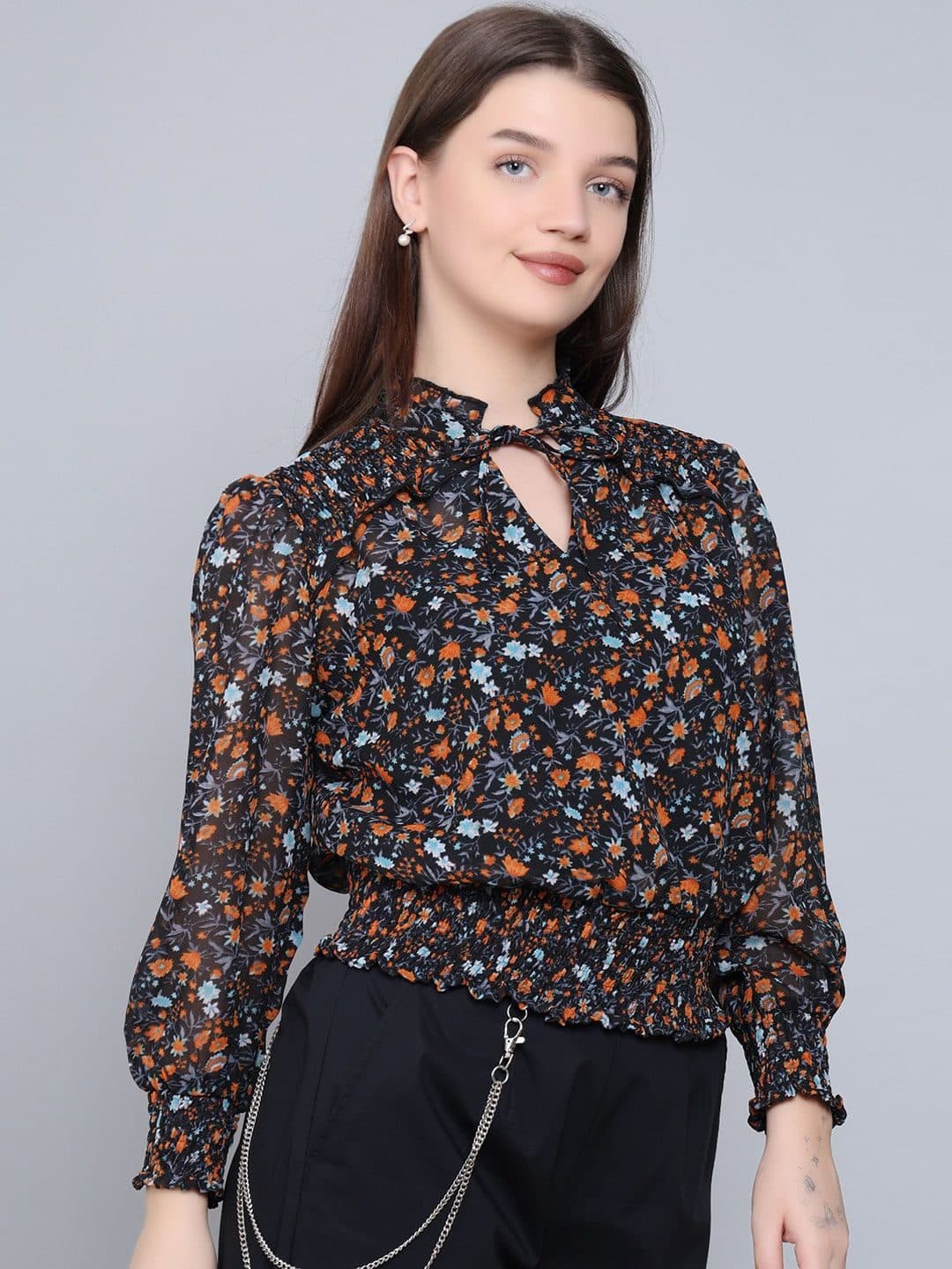 Baawri Floral Print Keyhole Neck Long Cuffed Sleeves Top image 3