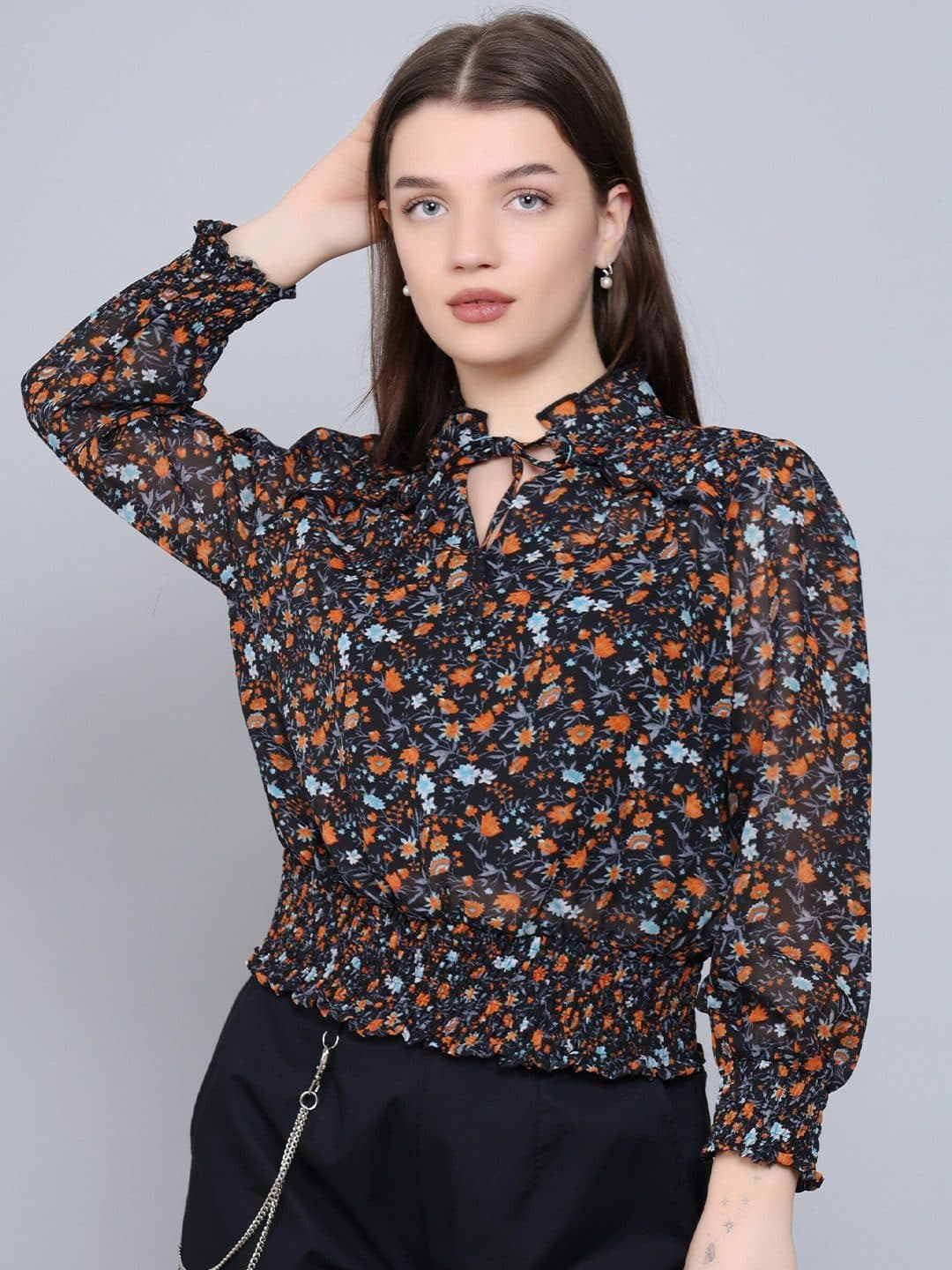 Baawri Floral Print Keyhole Neck Long Cuffed Sleeves Top image 1