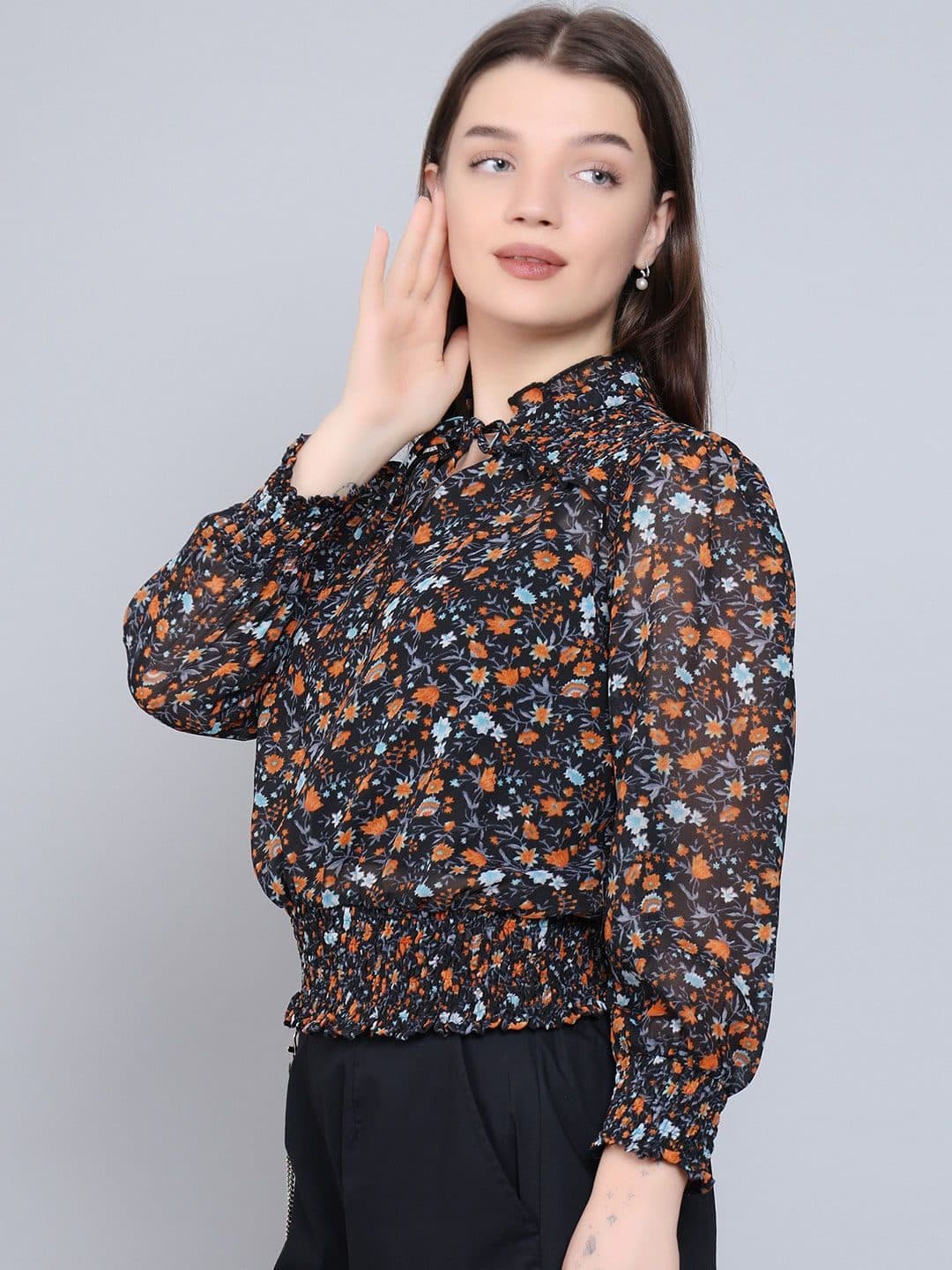 Baawri Floral Print Keyhole Neck Long Cuffed Sleeves Top image 5
