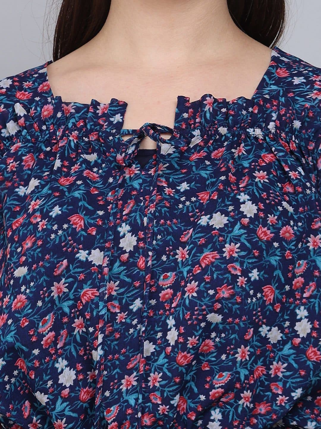 Baawri Floral Print Round Neck Short Puff Sleeve Blouson Top image 2
