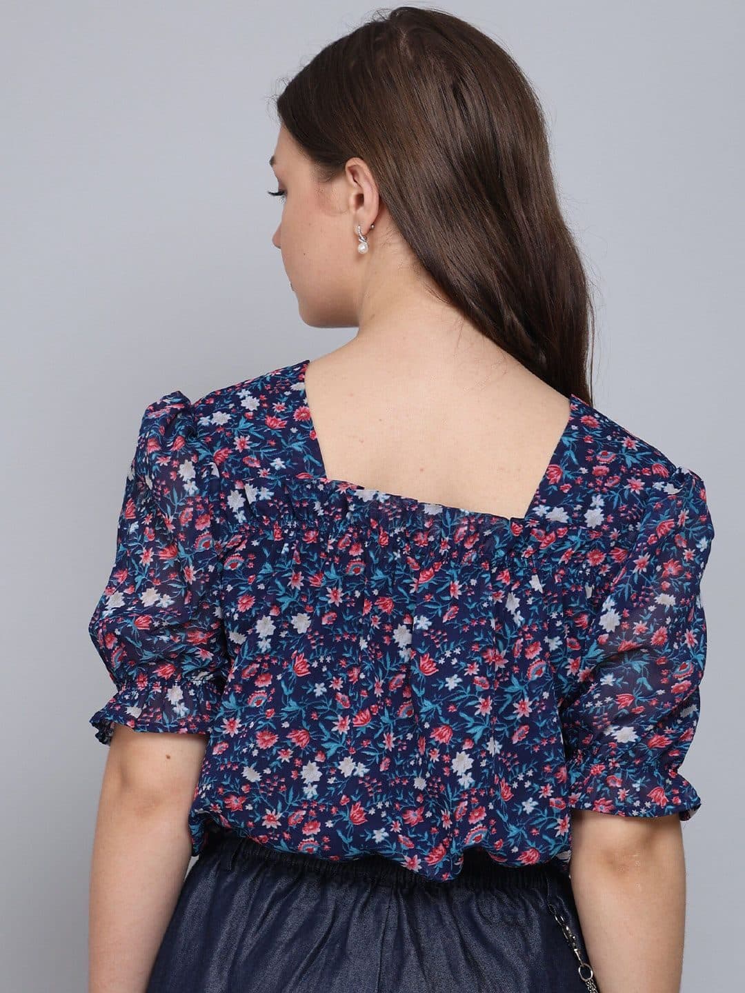 Baawri Floral Print Round Neck Short Puff Sleeve Blouson Top image 4