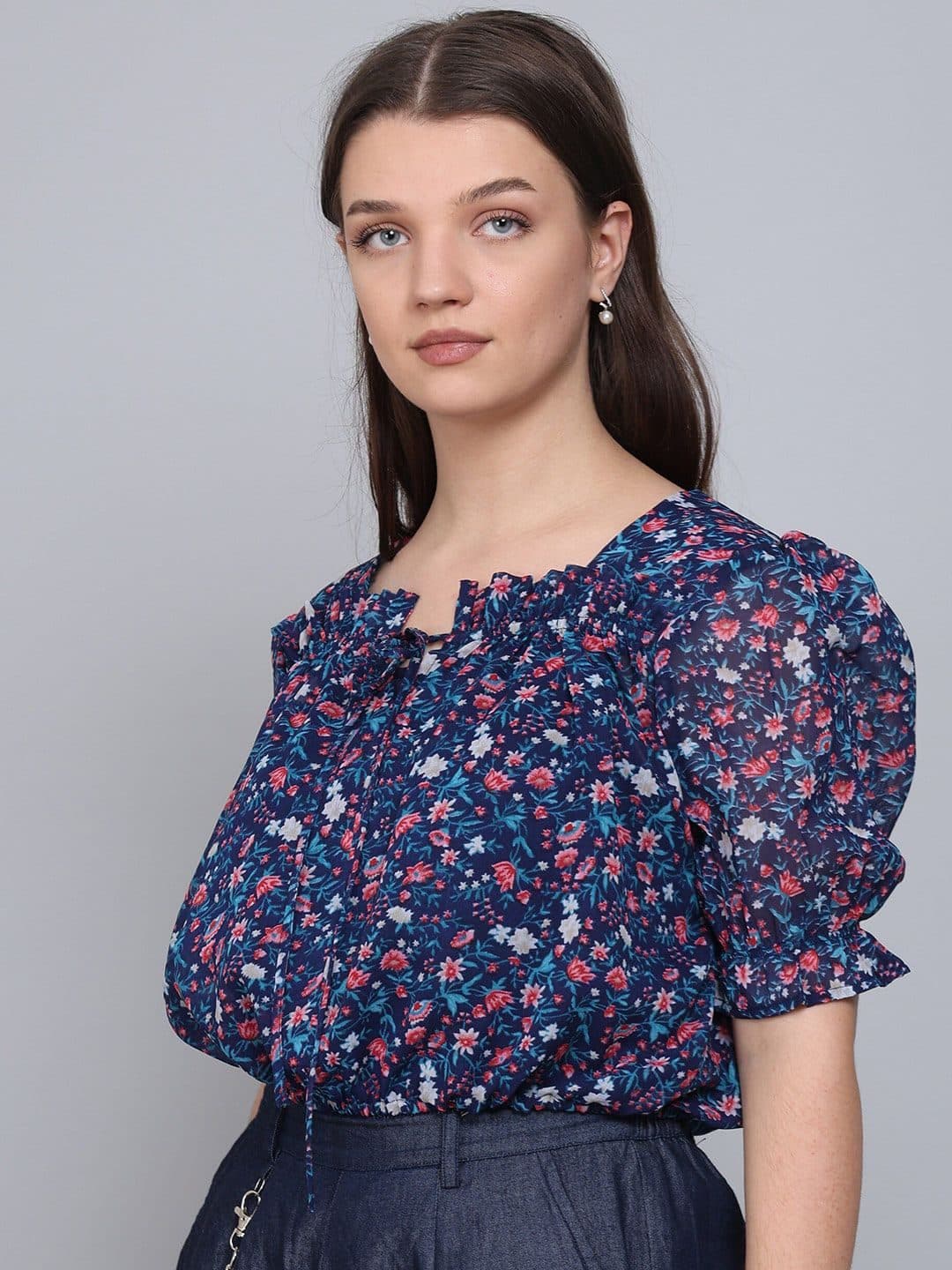 Baawri Floral Print Round Neck Short Puff Sleeve Blouson Top image 5