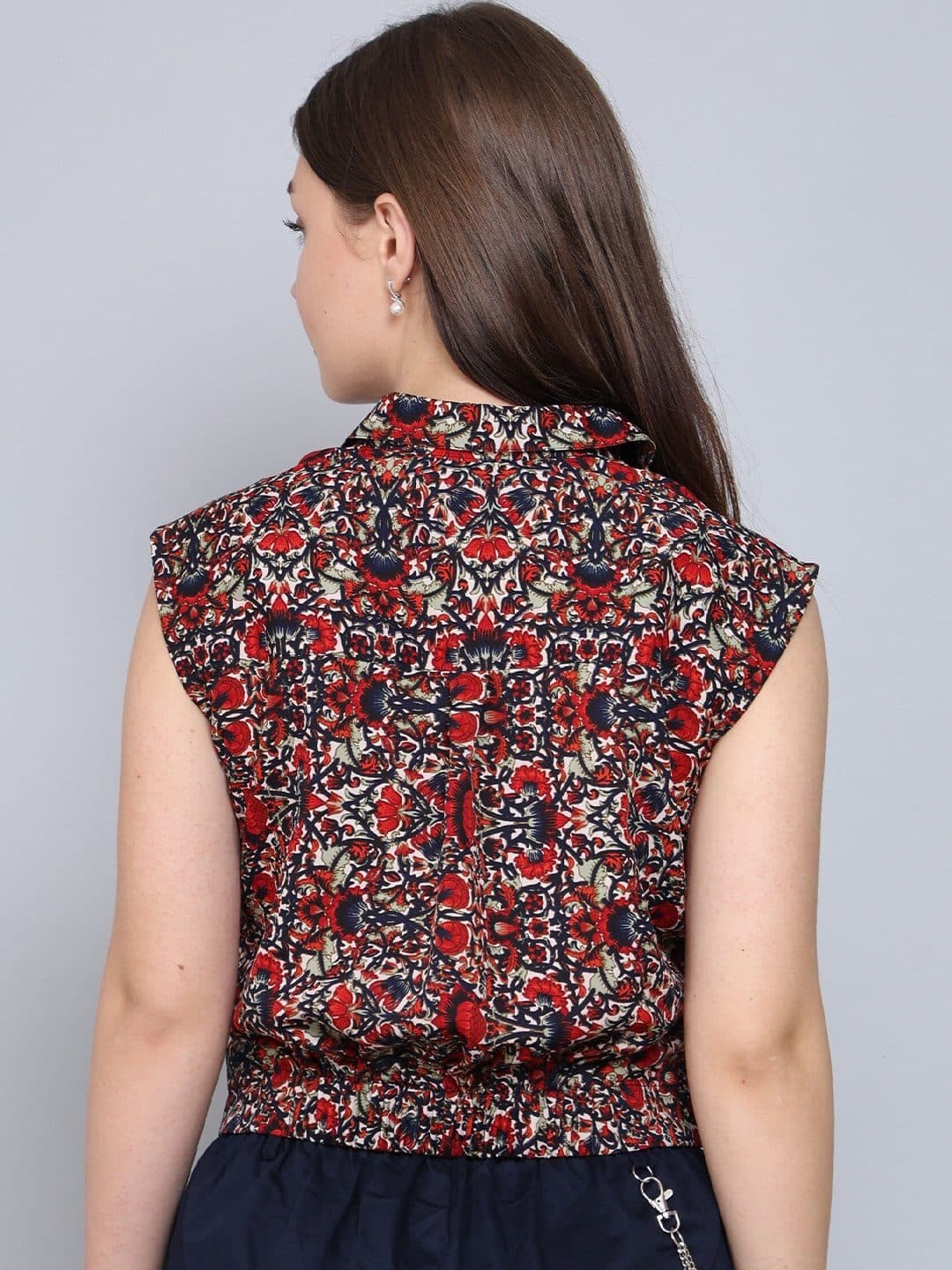 Baawri Floral Print Shirt Collar Sleeveless Wrap Crop Top image 4