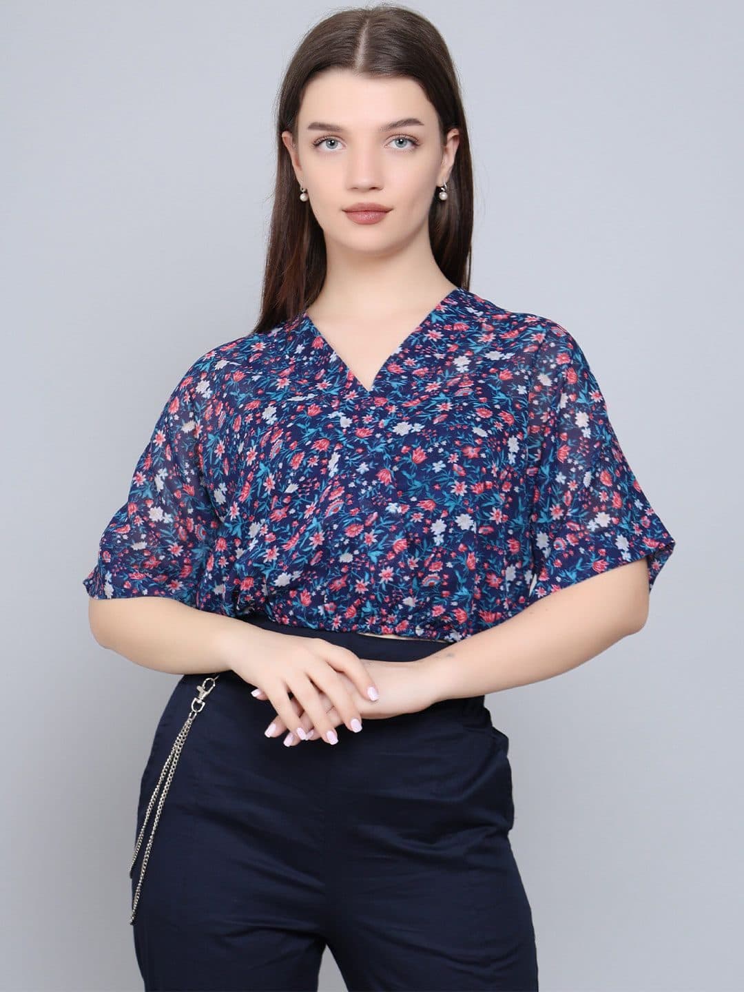 Baawri Floral Print V-Neck Short Extended Sleeves Wrap Top image 1