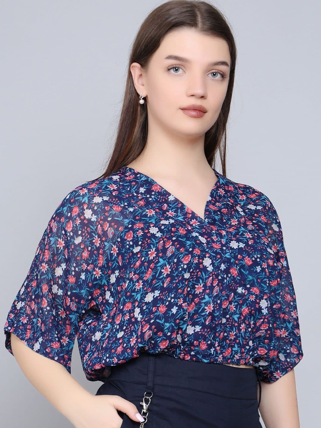 Baawri Floral Print V-Neck Short Extended Sleeves Wrap Top image 3