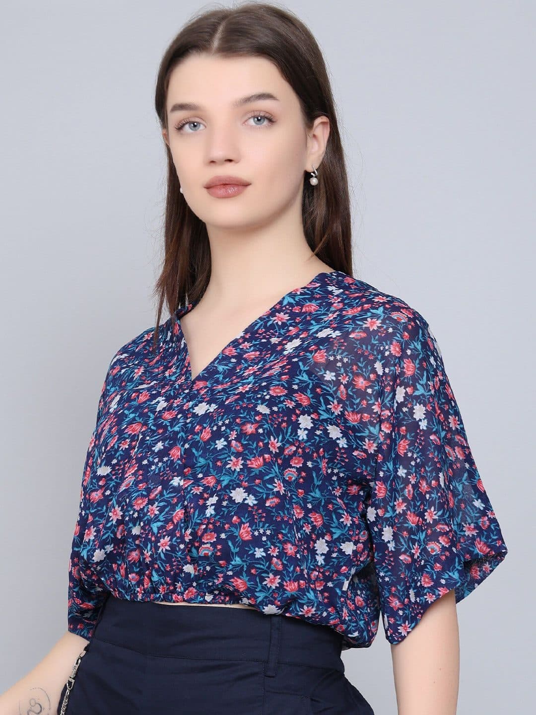 Baawri Floral Print V-Neck Short Extended Sleeves Wrap Top image 5