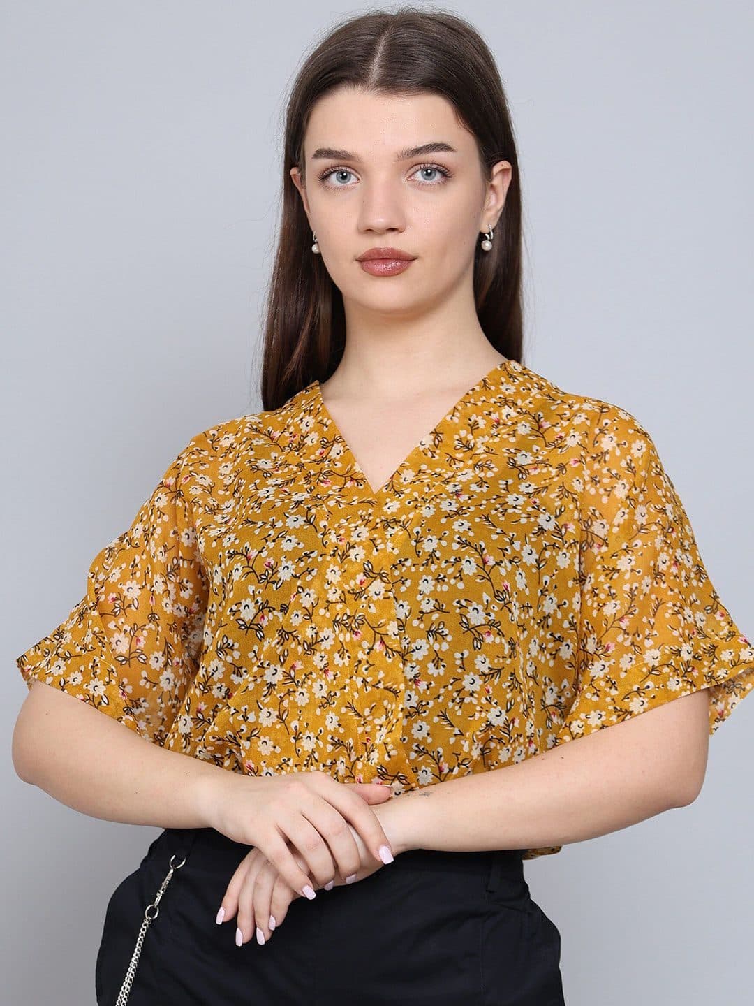 Baawri Floral Print V-Neck Short Sleeves Semi Sheer Top image 1