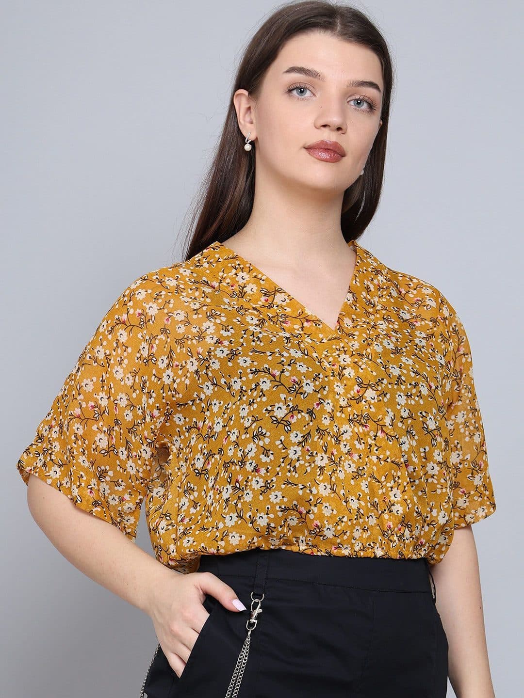 Baawri Floral Print V-Neck Short Sleeves Semi Sheer Top image 3