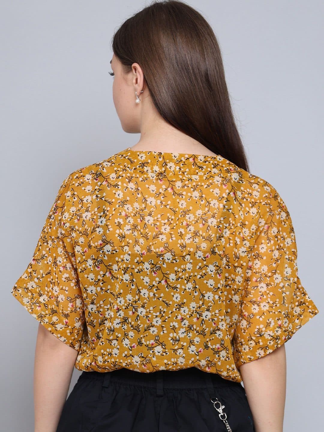 Baawri Floral Print V-Neck Short Sleeves Semi Sheer Top image 4