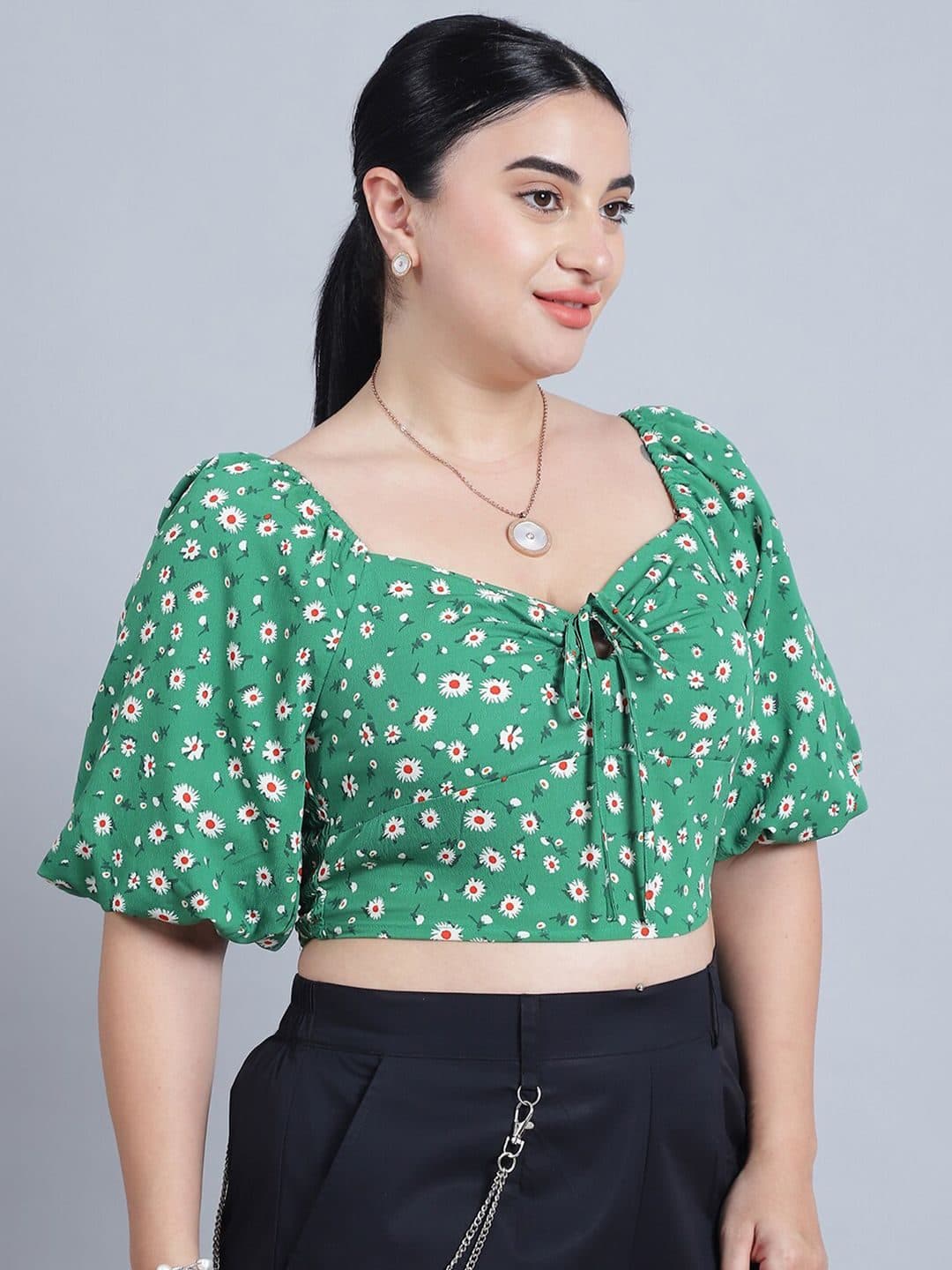 Baawri Floral Printed Puff Sleeve Crop Top image 3