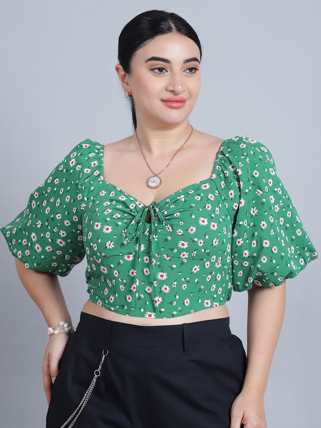 Baawri Floral Printed Puff Sleeve Crop Top image 1