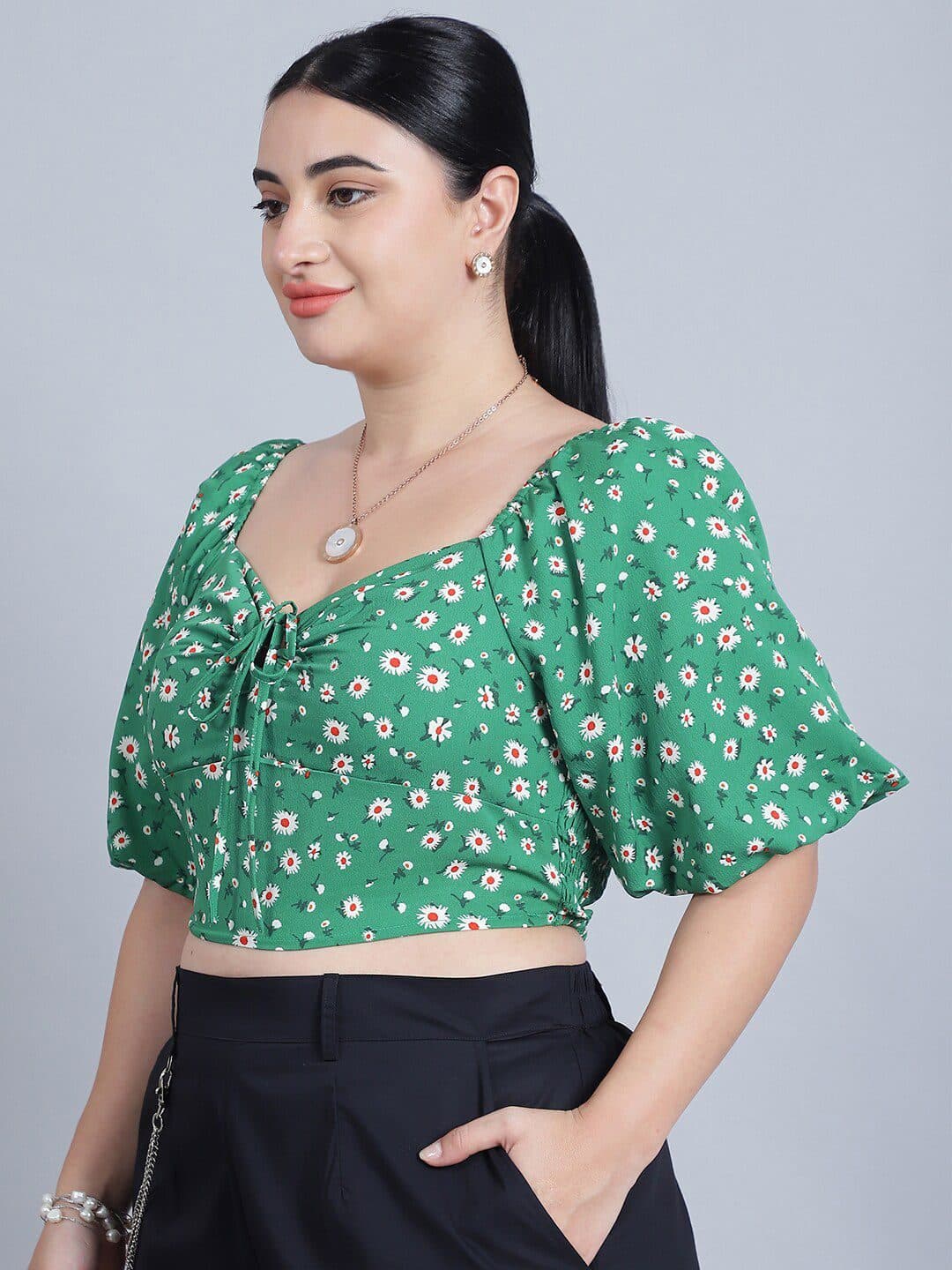 Baawri Floral Printed Puff Sleeve Crop Top image 5