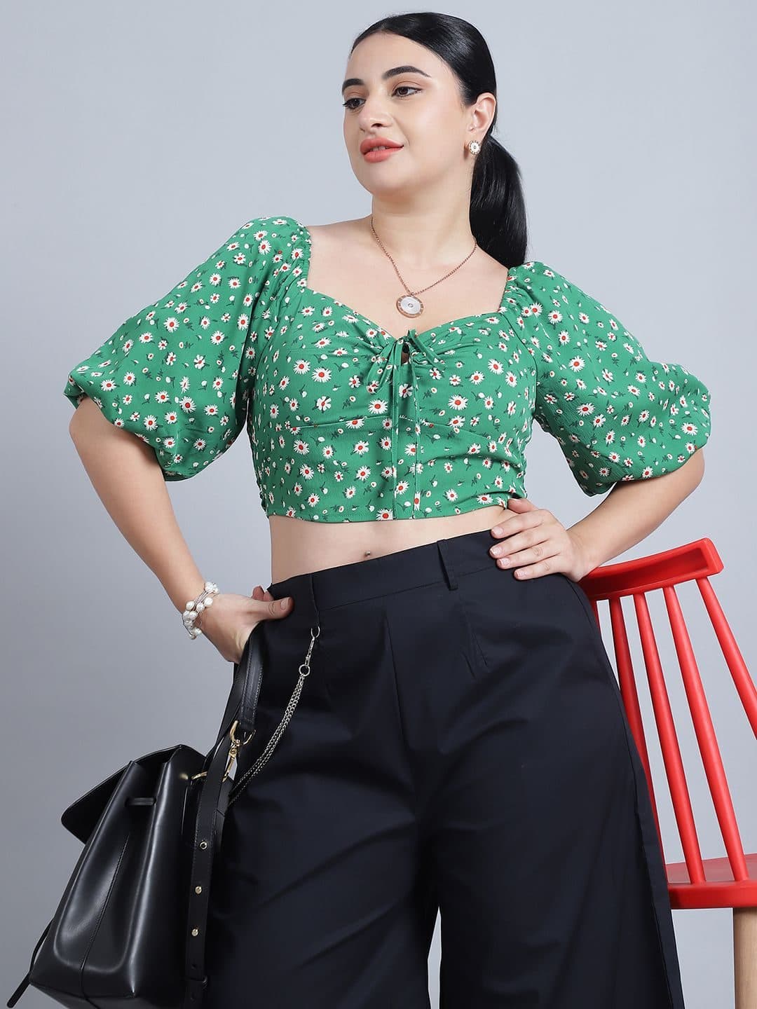 Baawri Floral Printed Puff Sleeve Crop Top image 7