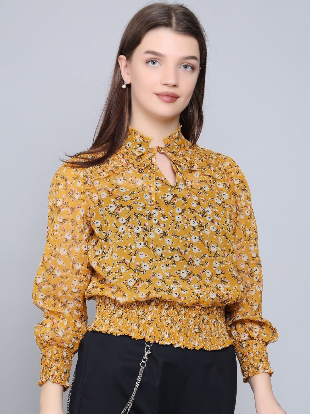 Baawri Floral Printed Tie-Up Neck Cuffed Sleeves Georgette Blouson Top image 1