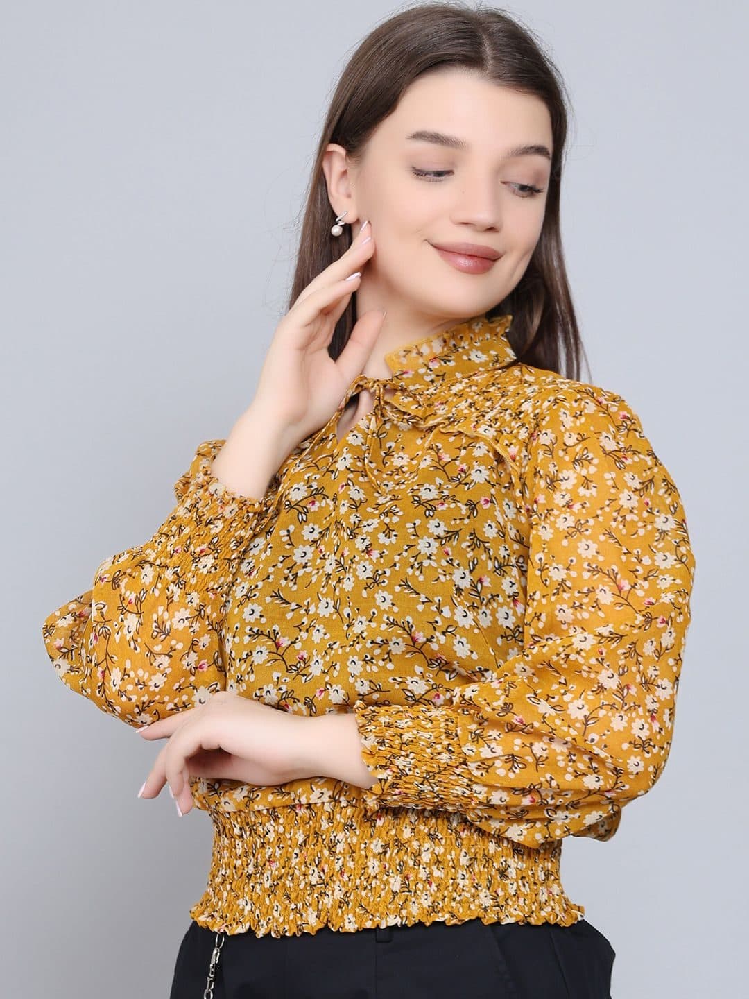 Baawri Floral Printed Tie-Up Neck Cuffed Sleeves Georgette Blouson Top image 3
