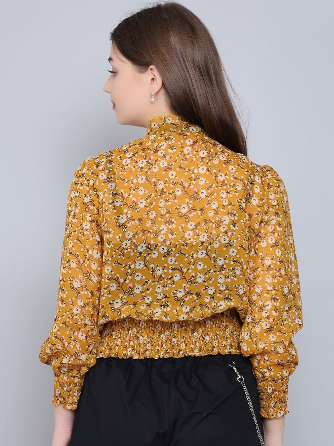 Baawri Floral Printed Tie-Up Neck Cuffed Sleeves Georgette Blouson Top image 5