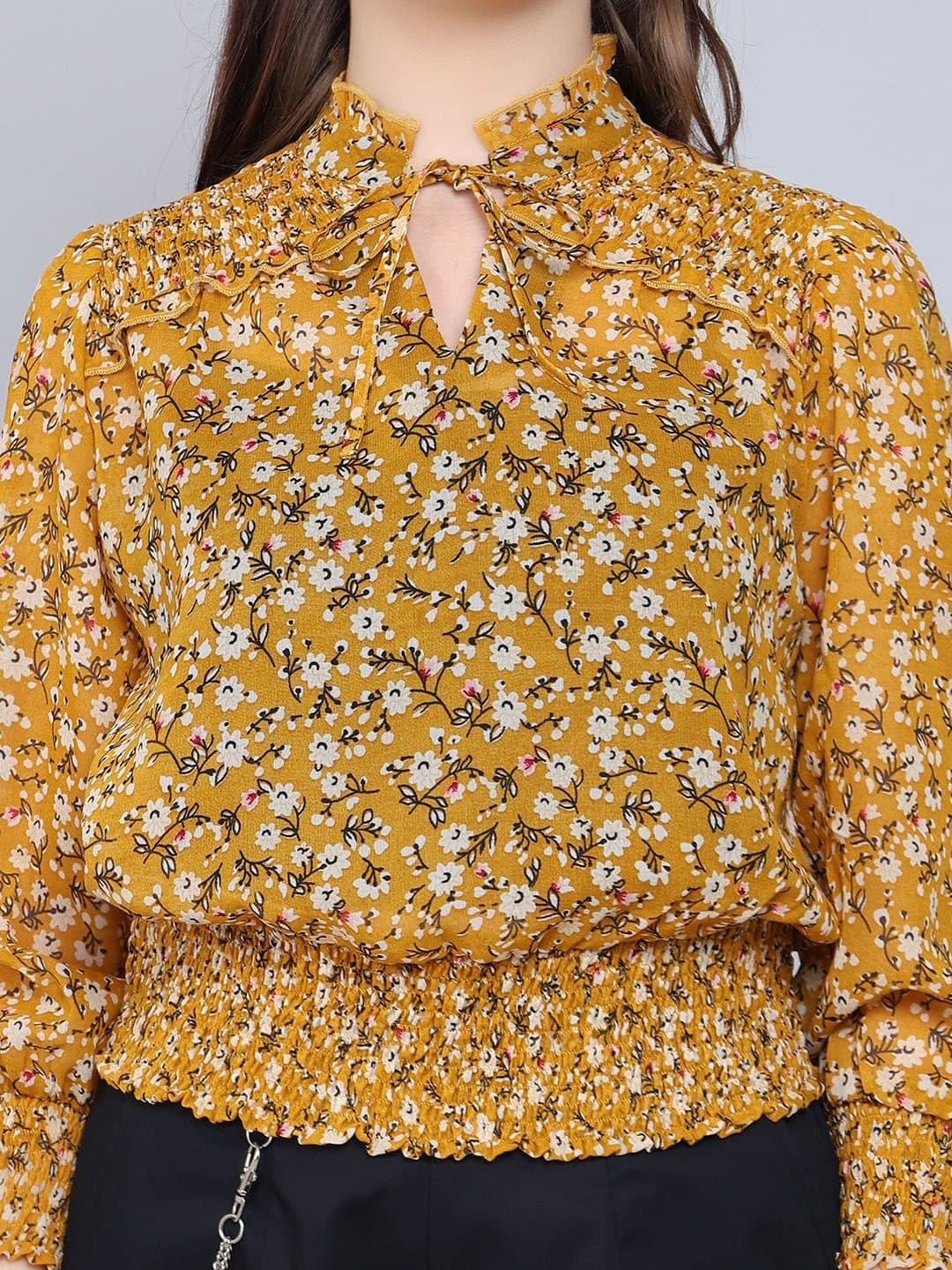 Baawri Floral Printed Tie-Up Neck Cuffed Sleeves Georgette Blouson Top image 2