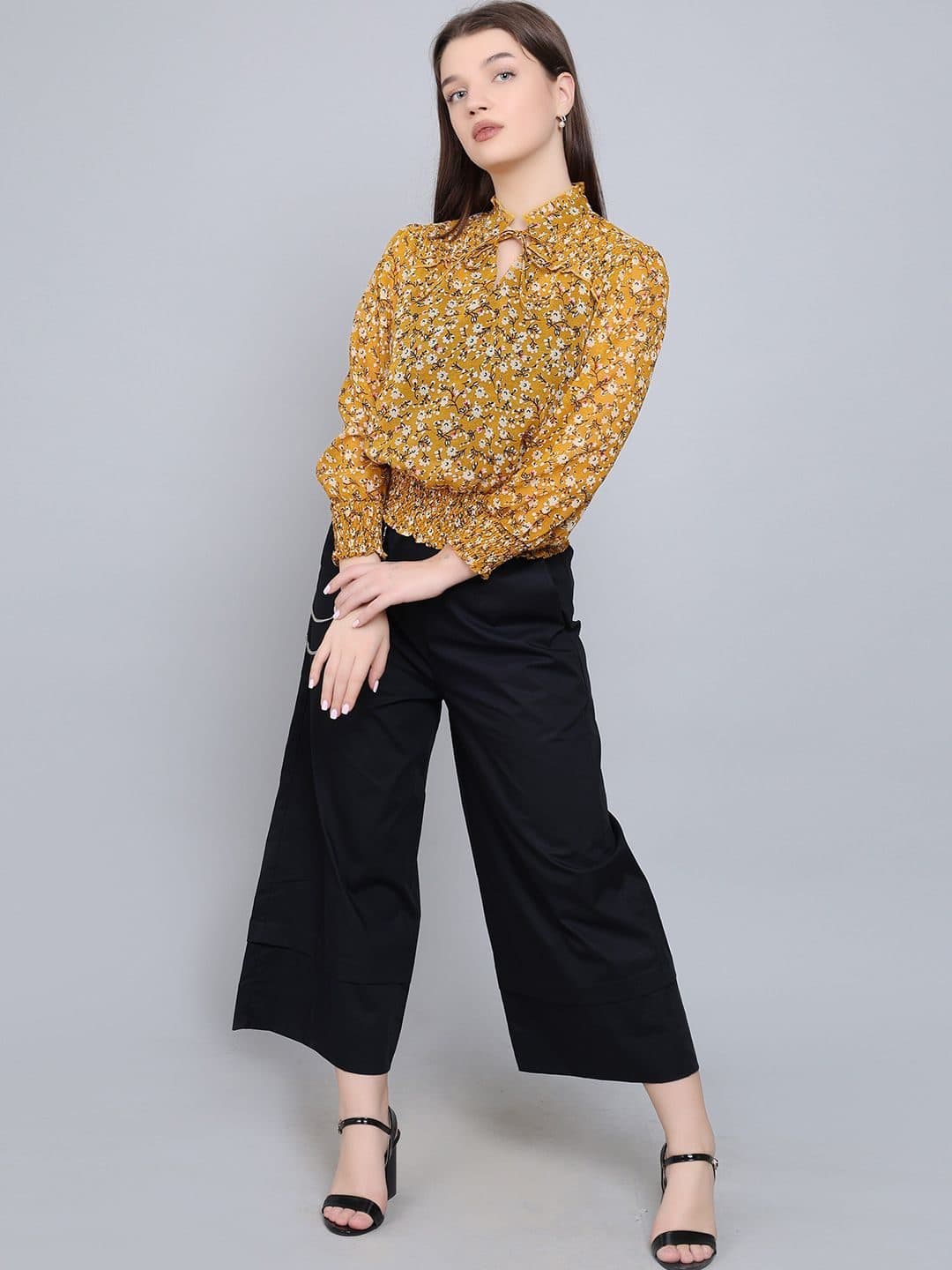 Baawri Floral Printed Tie-Up Neck Cuffed Sleeves Georgette Blouson Top image 4