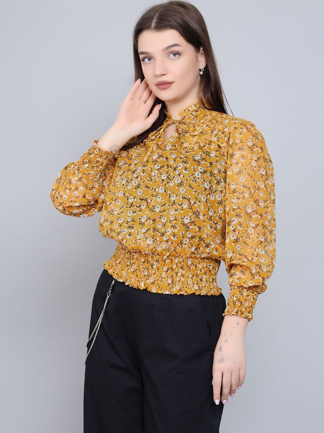 Baawri Floral Printed Tie-Up Neck Cuffed Sleeves Georgette Blouson Top image 6