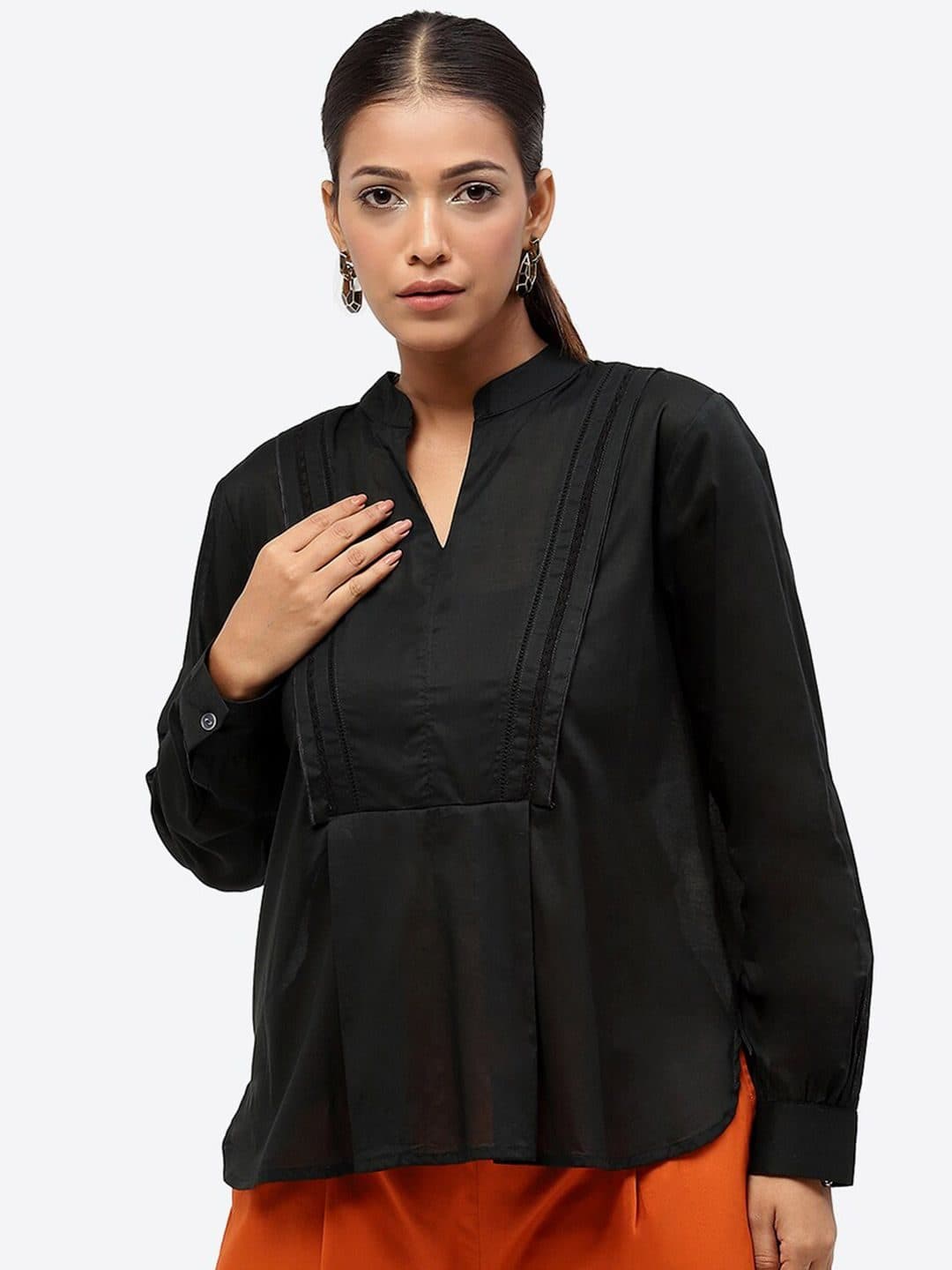 Baawri Mandarin Collar Long Cuffed Sleeves Pure Cotton A-Line Top image 1