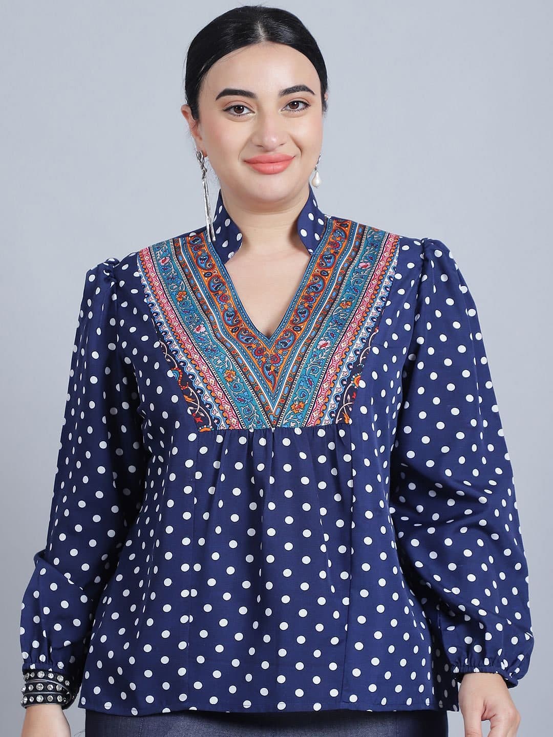 Baawri Polka Dot Print Mandarin Collar Puff Sleeve Top image 1