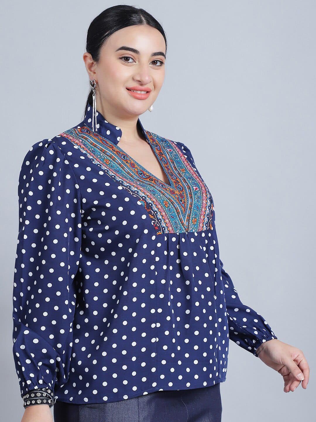 Baawri Polka Dot Print Mandarin Collar Puff Sleeve Top image 3