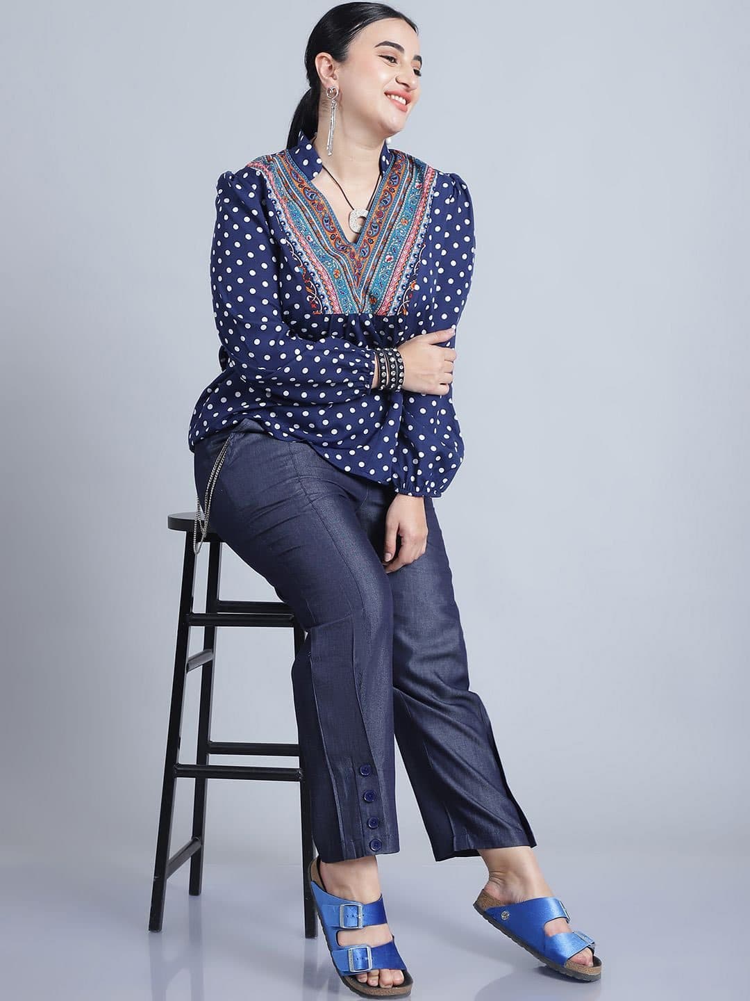 Baawri Polka Dot Print Mandarin Collar Puff Sleeve Top image 6