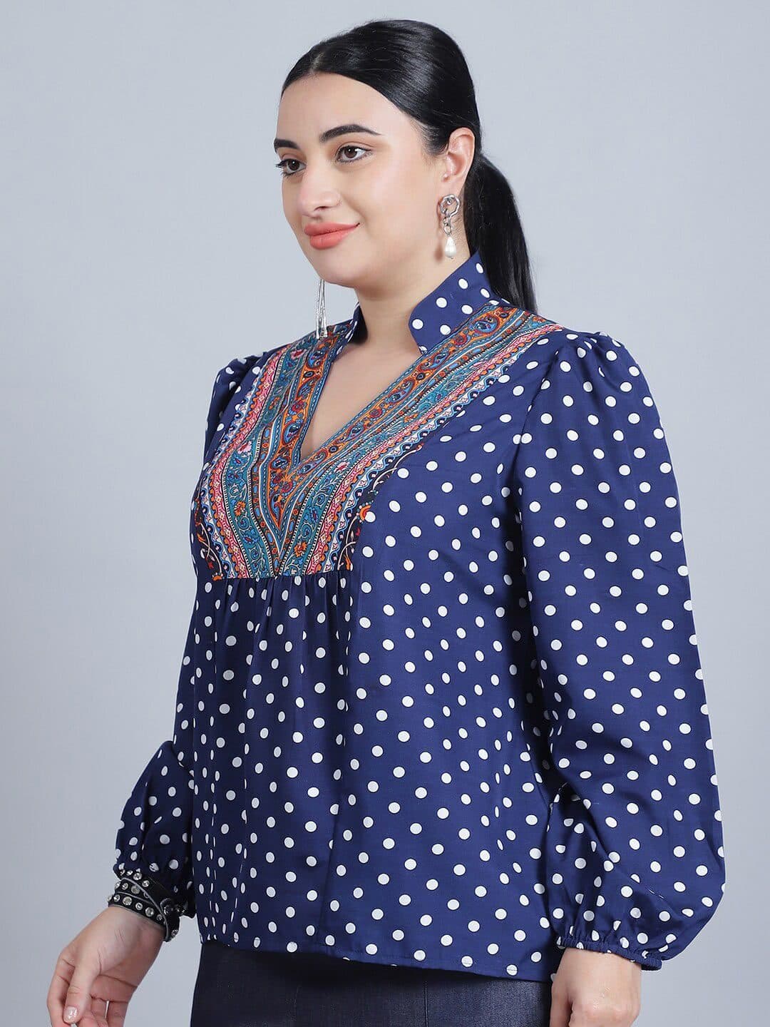 Baawri Polka Dot Print Mandarin Collar Puff Sleeve Top image 5