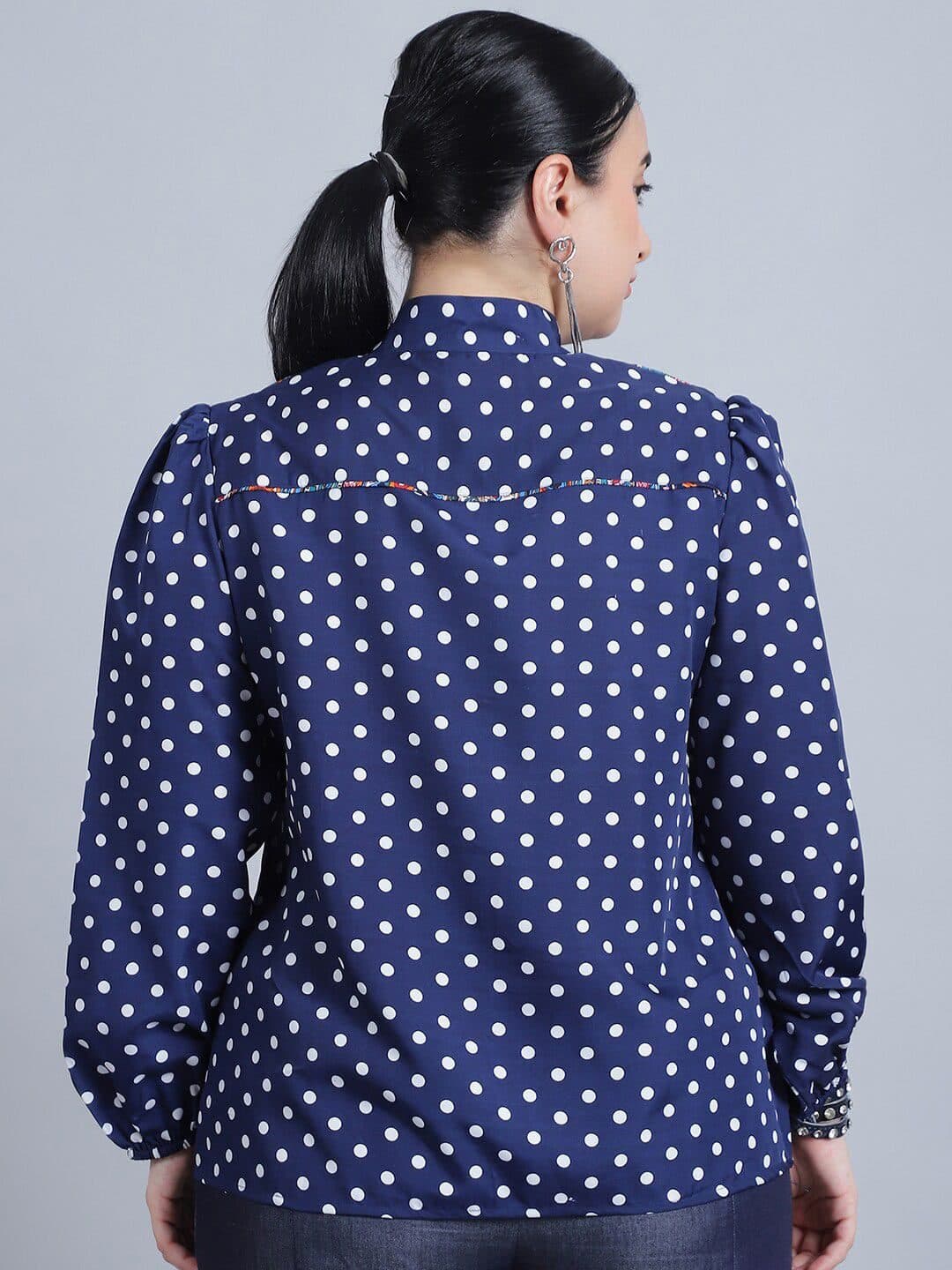Baawri Polka Dot Print Mandarin Collar Puff Sleeve Top image 4