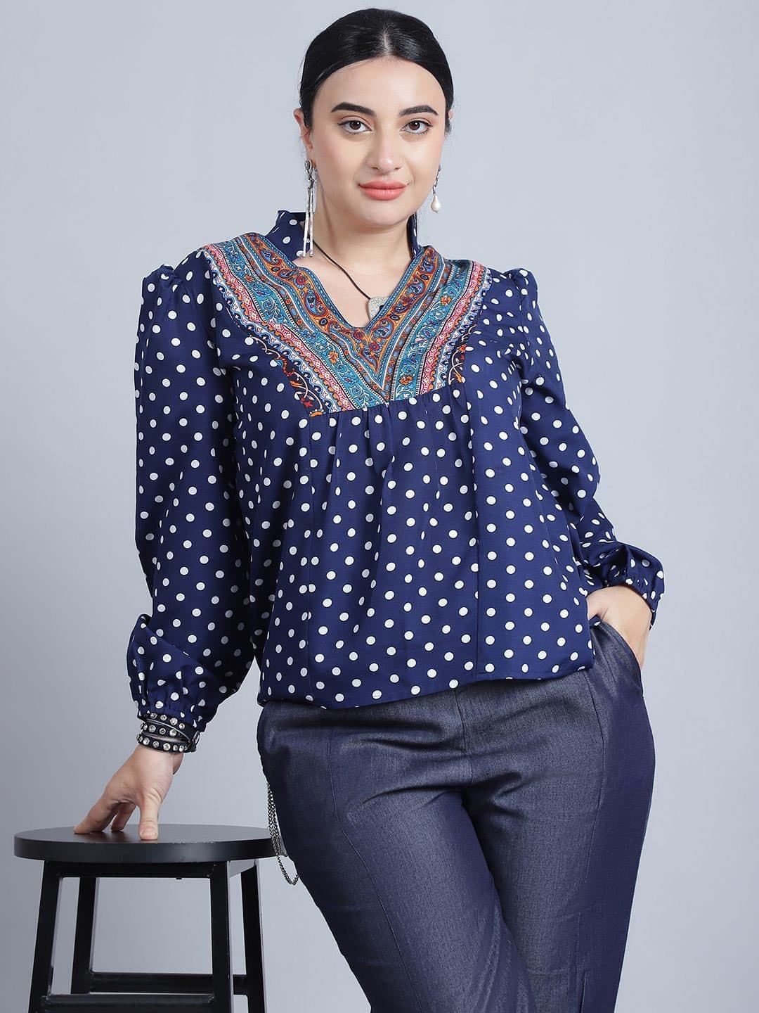 Baawri Polka Dot Print Mandarin Collar Puff Sleeve Top image 7