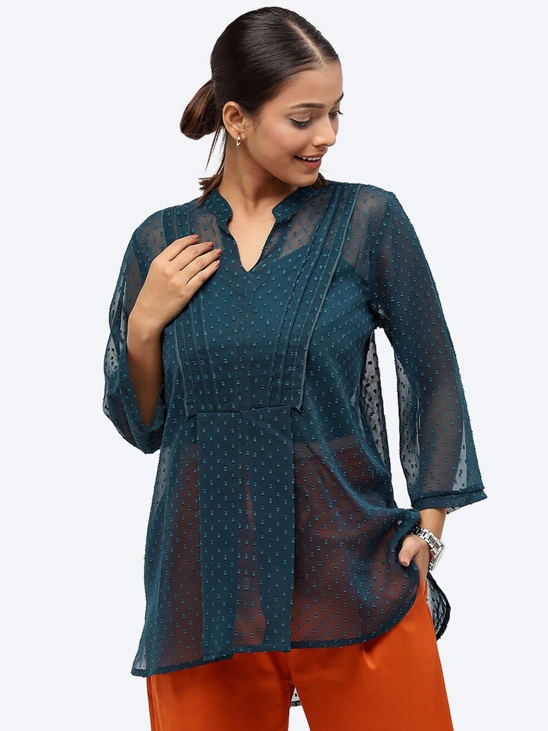 Baawri Self Design Mandarin Collar Semi Sheer A-Line Top image 1