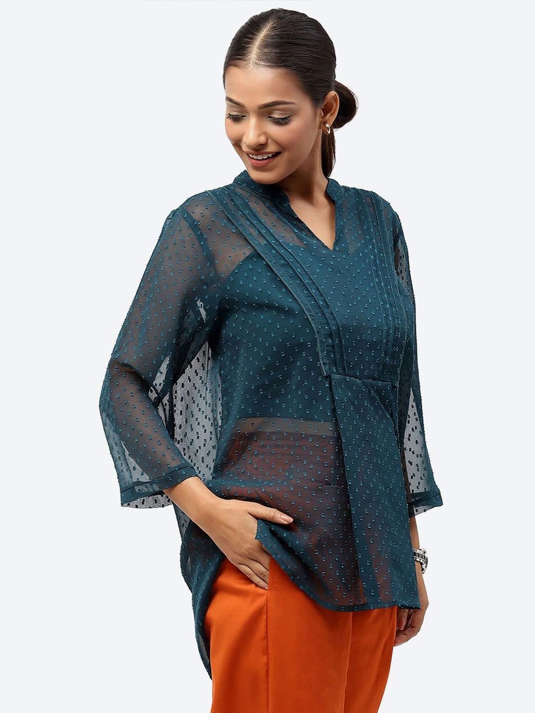 Baawri Self Design Mandarin Collar Semi Sheer A-Line Top image 3