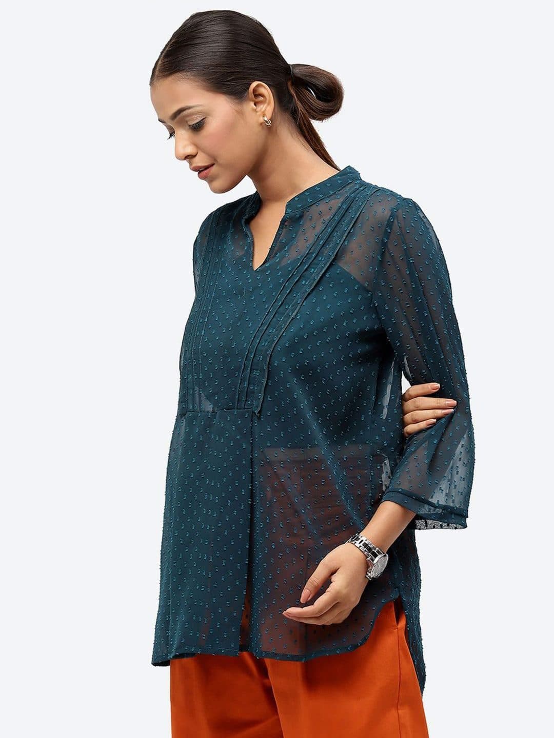 Baawri Self Design Mandarin Collar Semi Sheer A-Line Top image 5