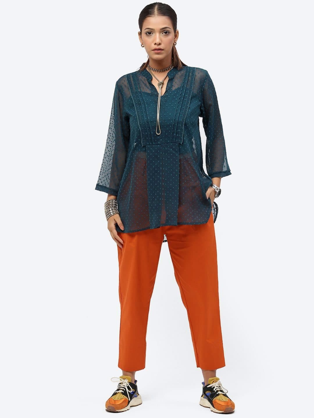Baawri Self Design Mandarin Collar Semi Sheer A-Line Top image 6
