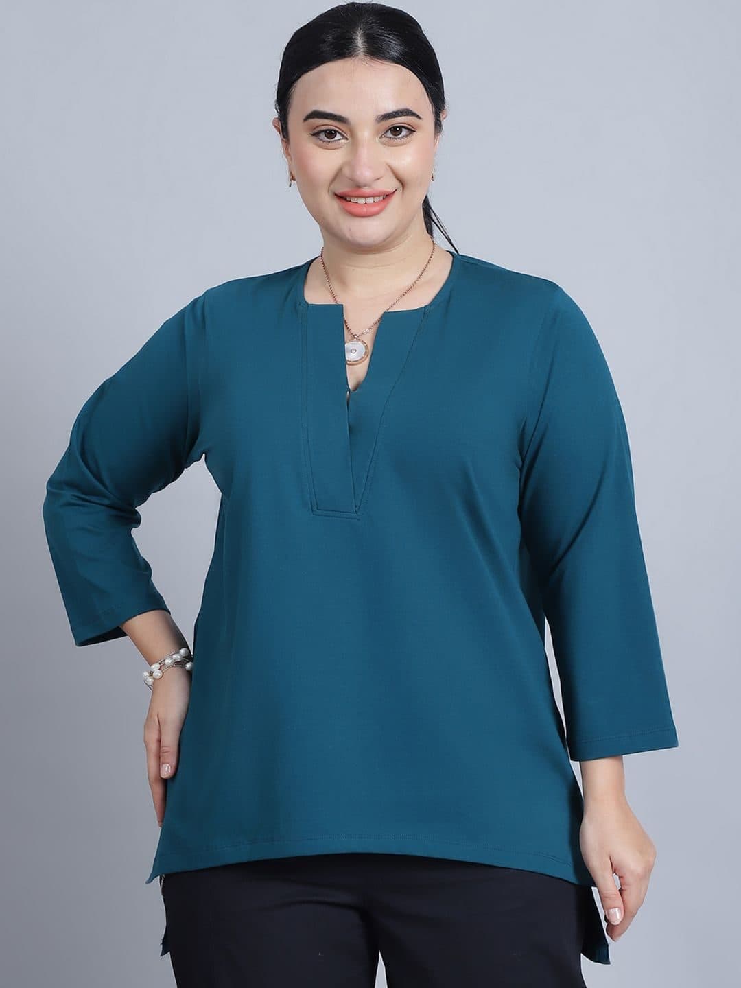 Baawri Solid Notch Round Neck Cotton Top image 1