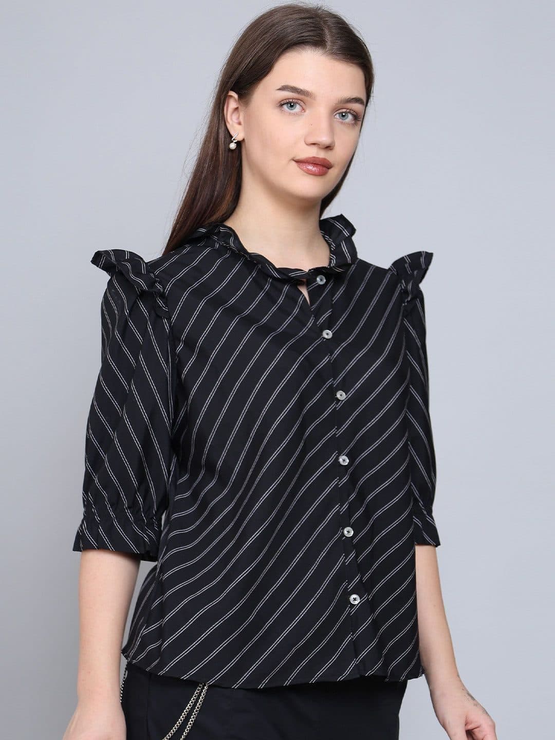 Baawri Striped Mandarin Collar Puff Sleeve Crepe Shirt Style Top image 3