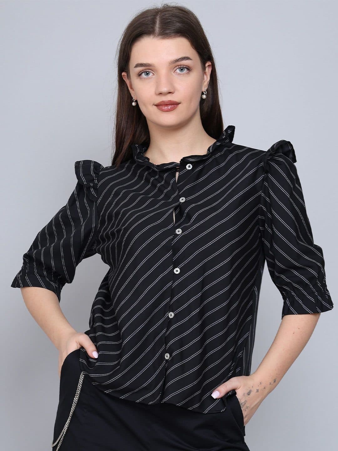 Baawri Striped Mandarin Collar Puff Sleeve Crepe Shirt Style Top image 1