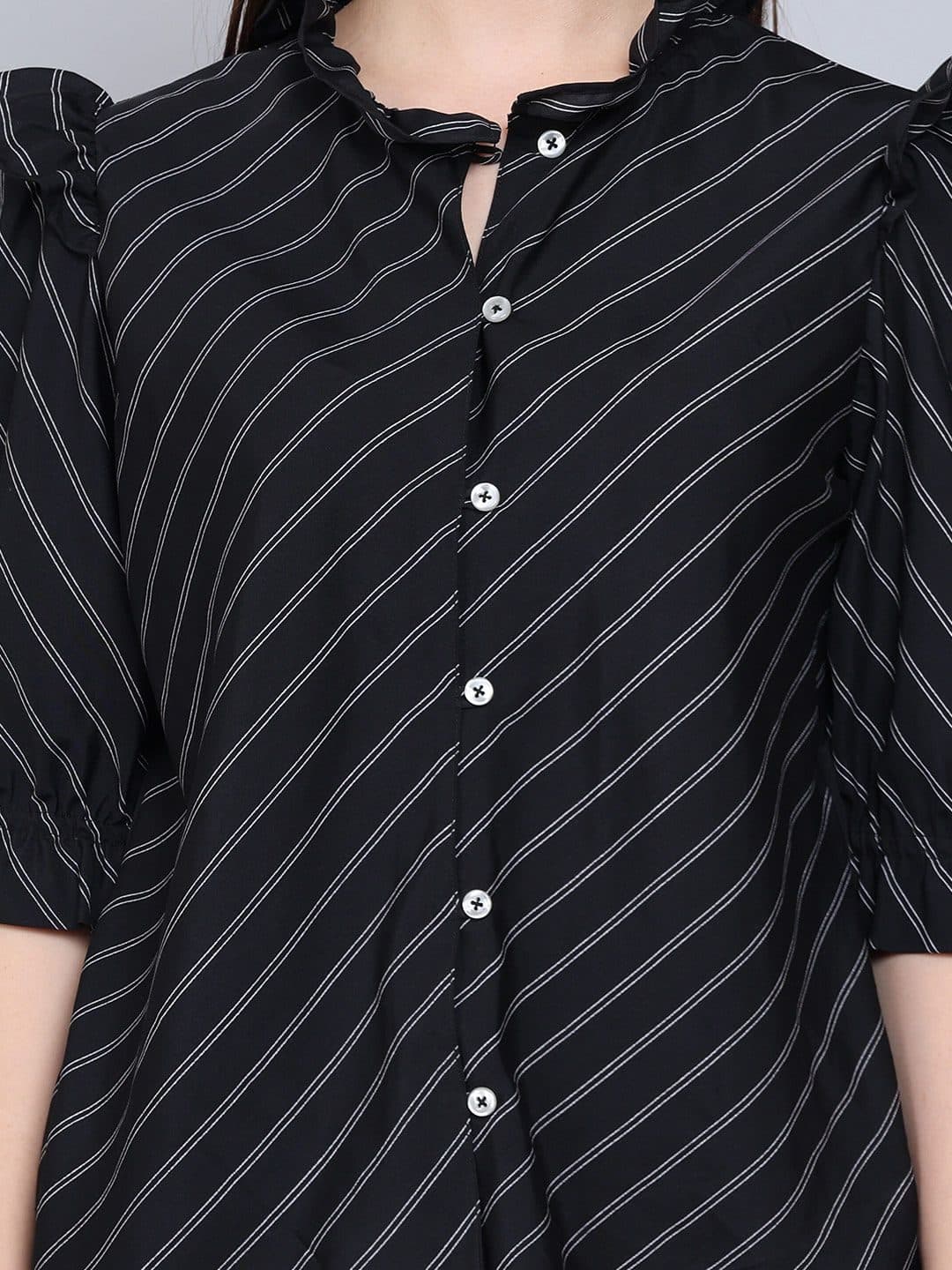 Baawri Striped Mandarin Collar Puff Sleeve Crepe Shirt Style Top image 2