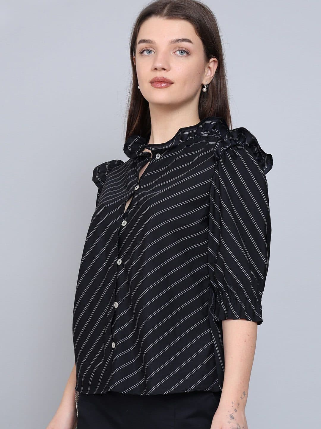 Baawri Striped Mandarin Collar Puff Sleeve Crepe Shirt Style Top image 5