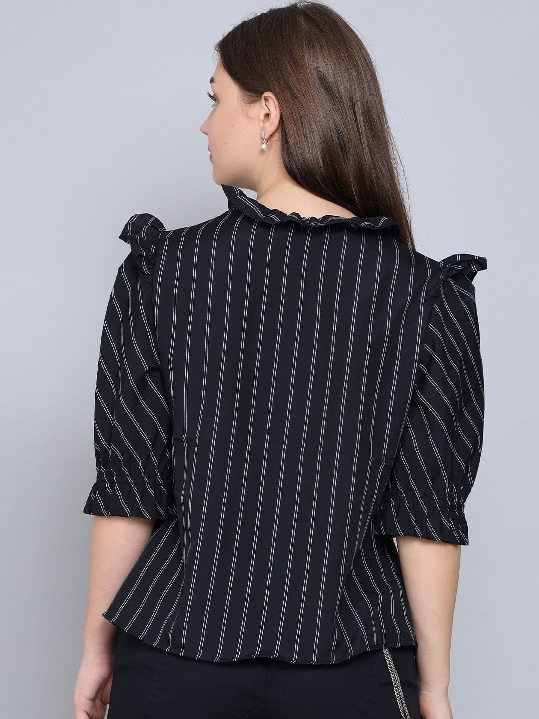 Baawri Striped Mandarin Collar Puff Sleeve Crepe Shirt Style Top image 4